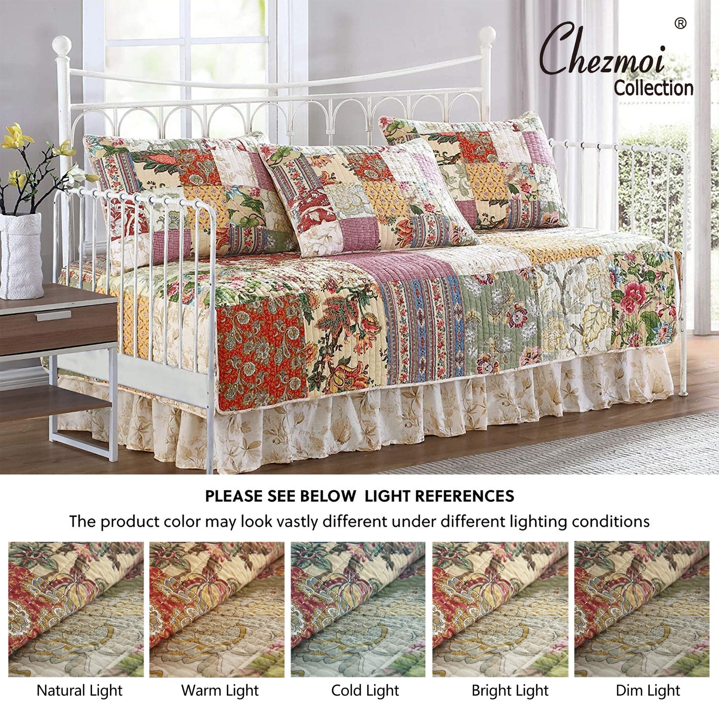 5-Piece 100% Cotton Pre-Washed Patchwork Quilt Coverlet Set, Daybed Size