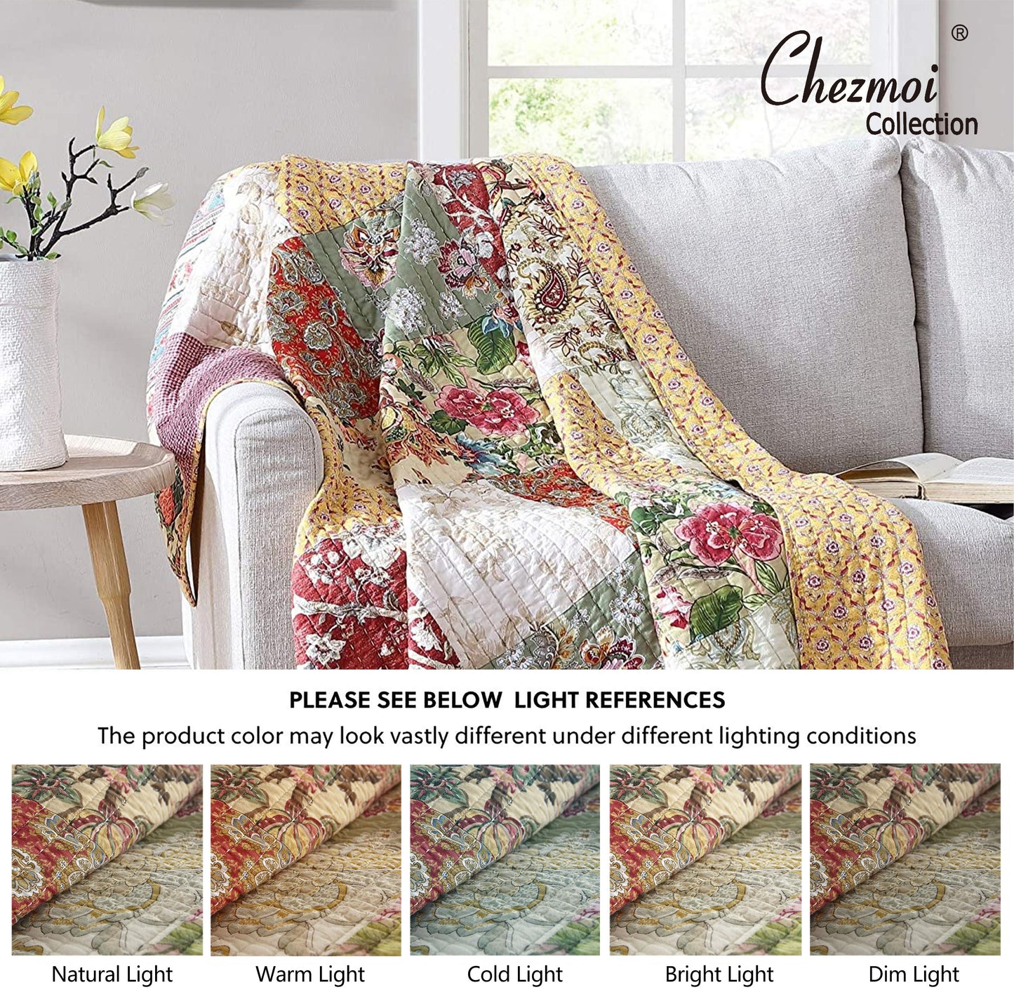 100% Washed Cotton Quilted Patchwork Reversible Throw Blanket