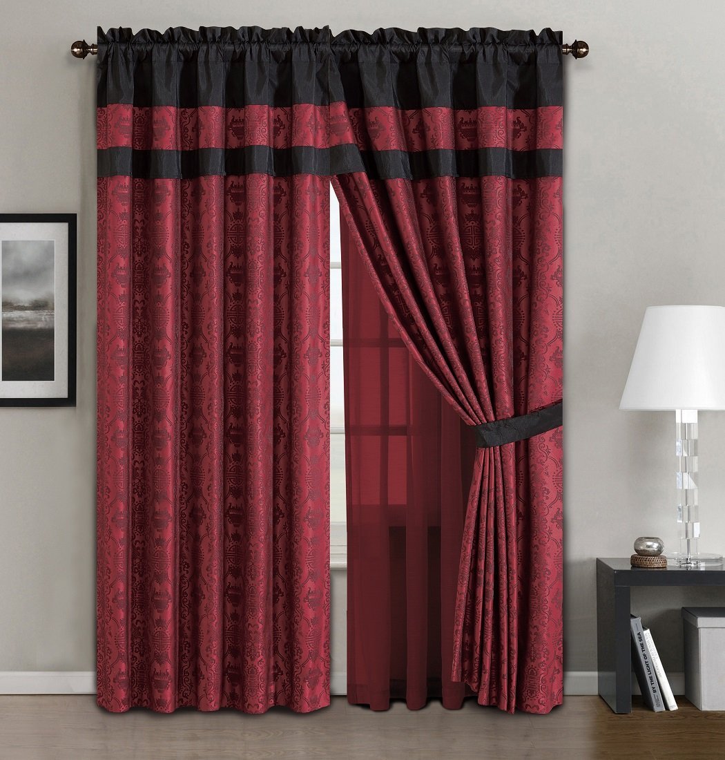 4-Piece Jacquard Window Curtain/Drape Set, Attached Sheer Backing and Valance