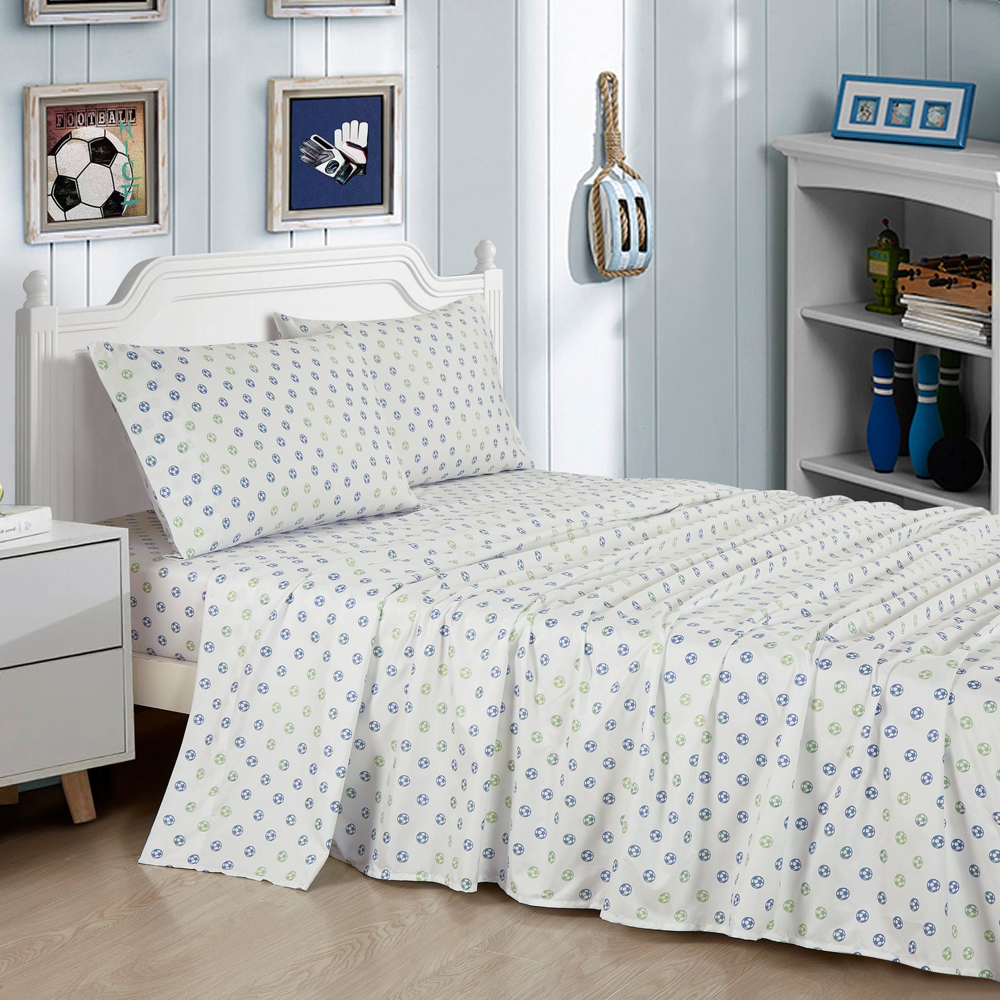 3/4-Piece Kids/Teens Blue Green White Soccer Football Printed Microfiber Sheet Set