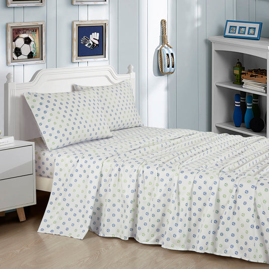 3/4-Piece Kids/Teens Blue Green White Soccer Football Printed Microfiber Sheet Set