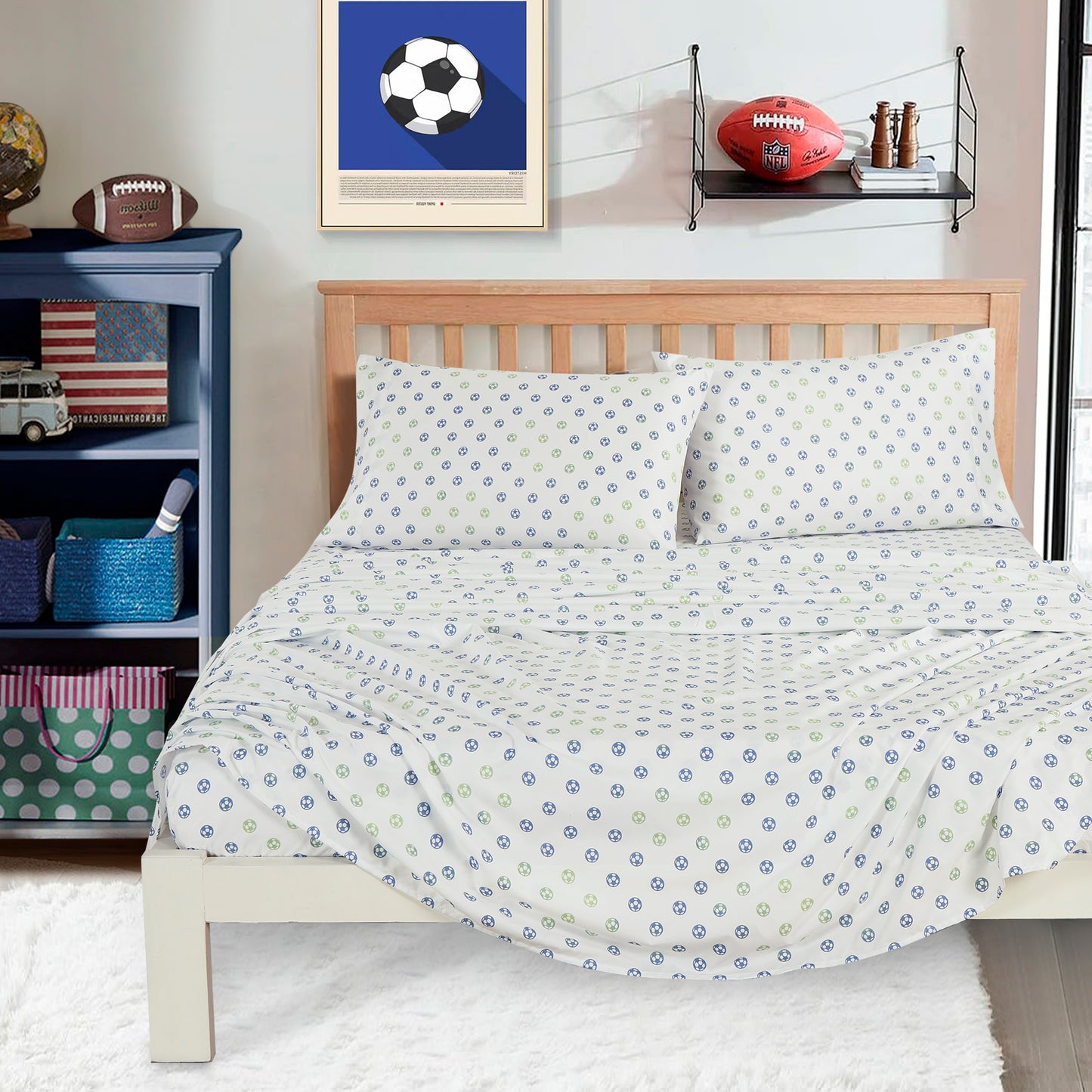 3/4-Piece Kids/Teens Blue Green White Soccer Football Printed Microfiber Sheet Set