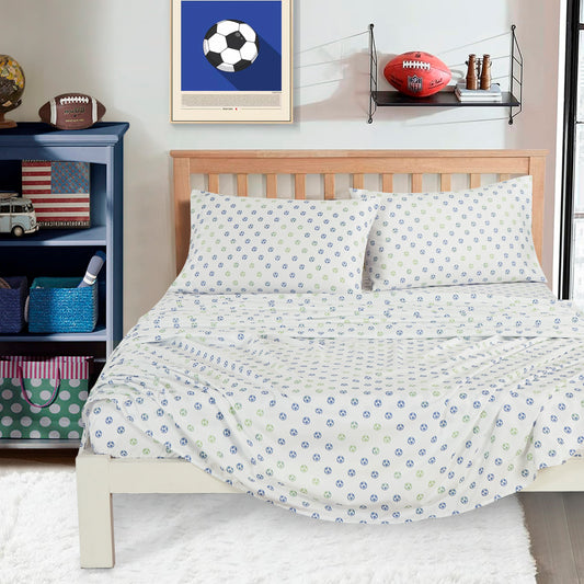 3/4-Piece Kids/Teens Blue Green White Soccer Football Printed Microfiber Sheet Set