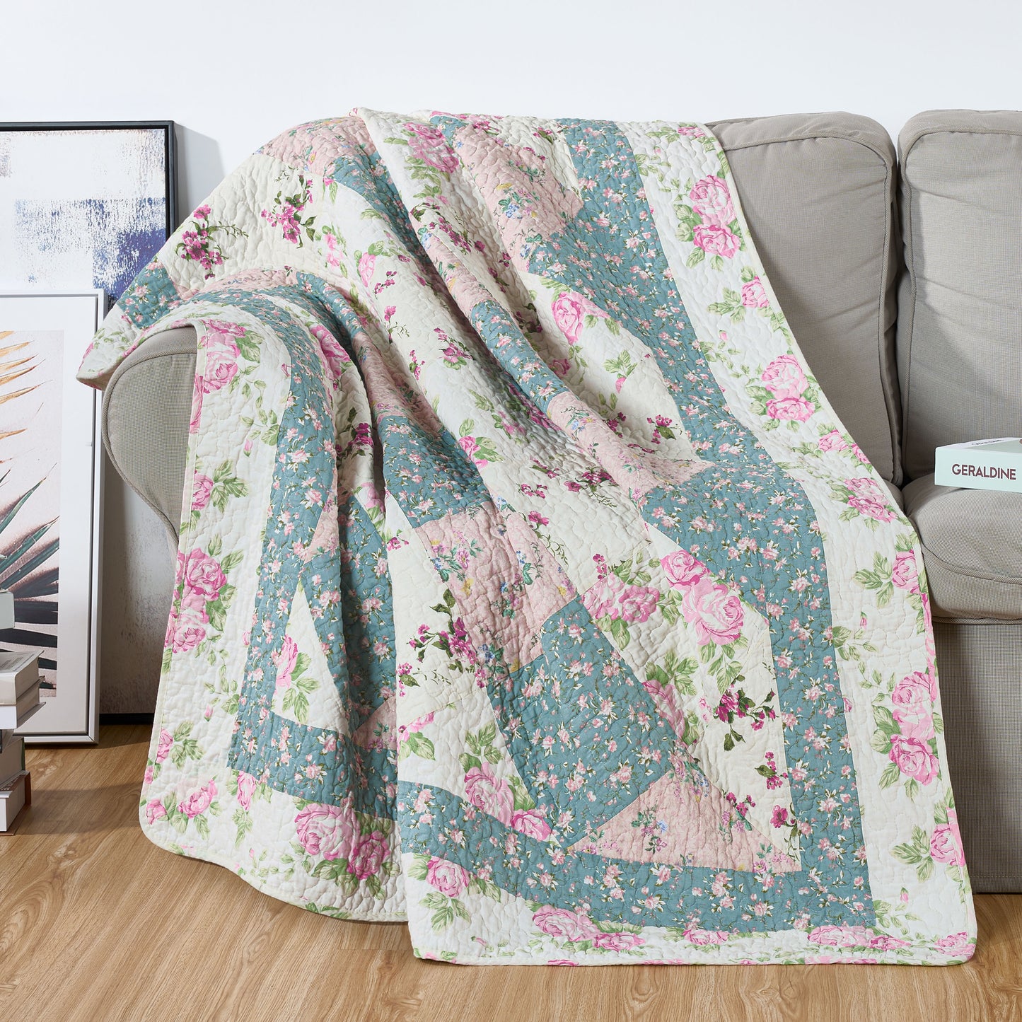 100% Washed Cotton Quilted Patchwork Reversible Throw Blanket