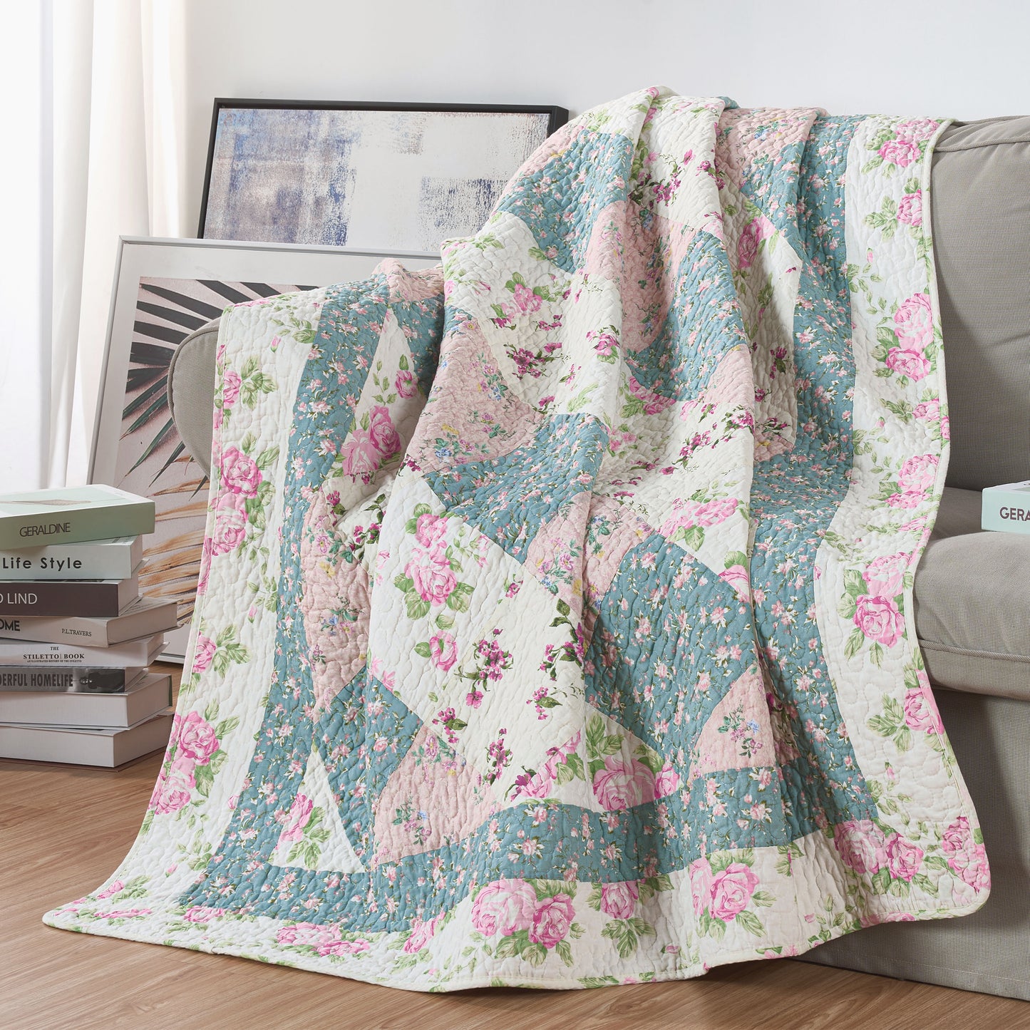 100% Washed Cotton Quilted Patchwork Reversible Throw Blanket