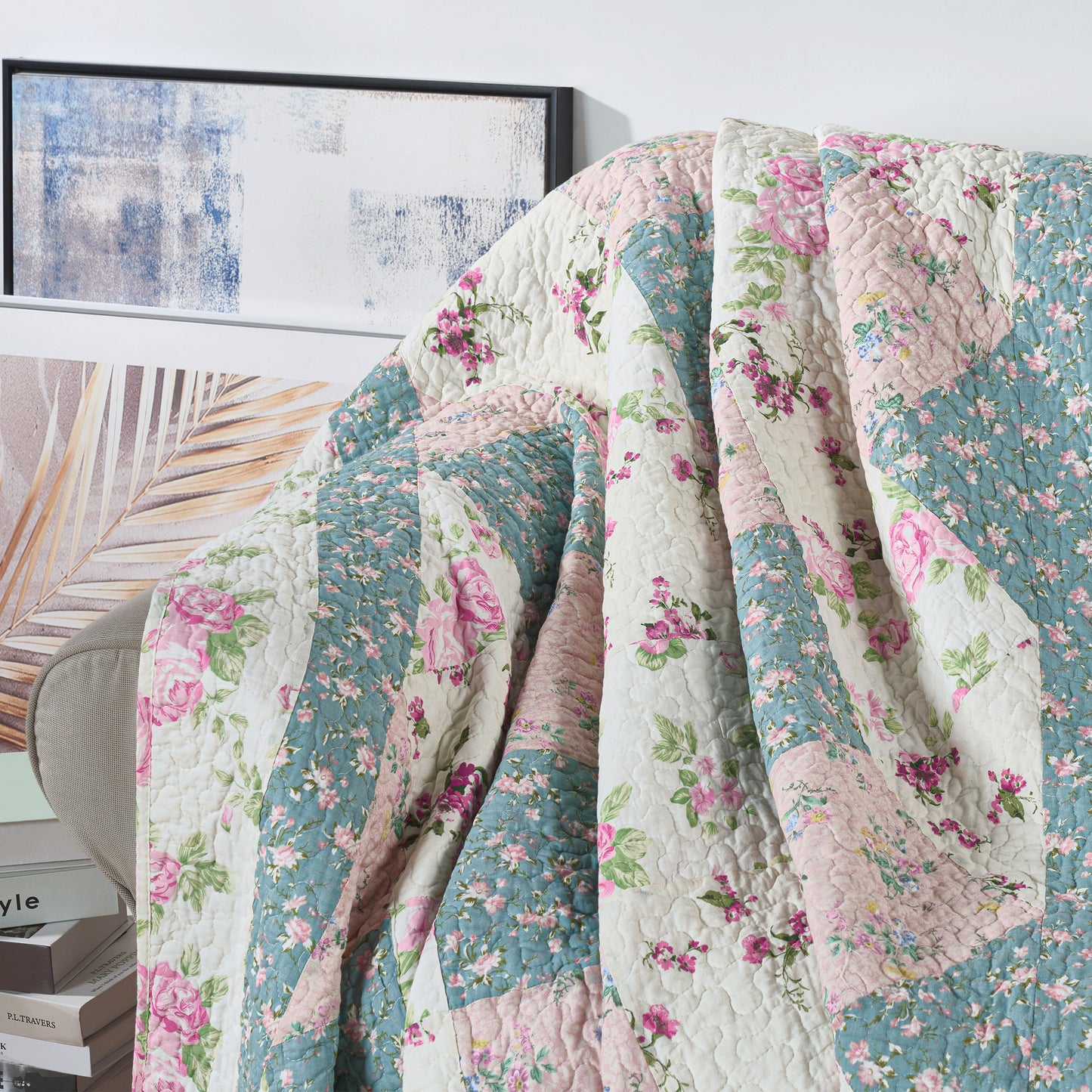 100% Washed Cotton Quilted Patchwork Reversible Throw Blanket