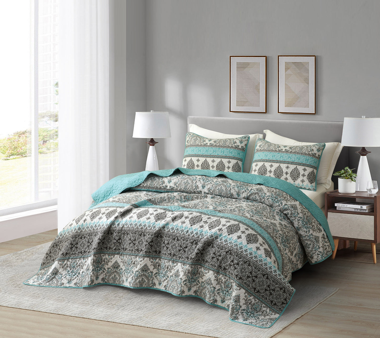 2/3-Piece Stone-Washed Printed Microfiber Quilt Bedspread Set