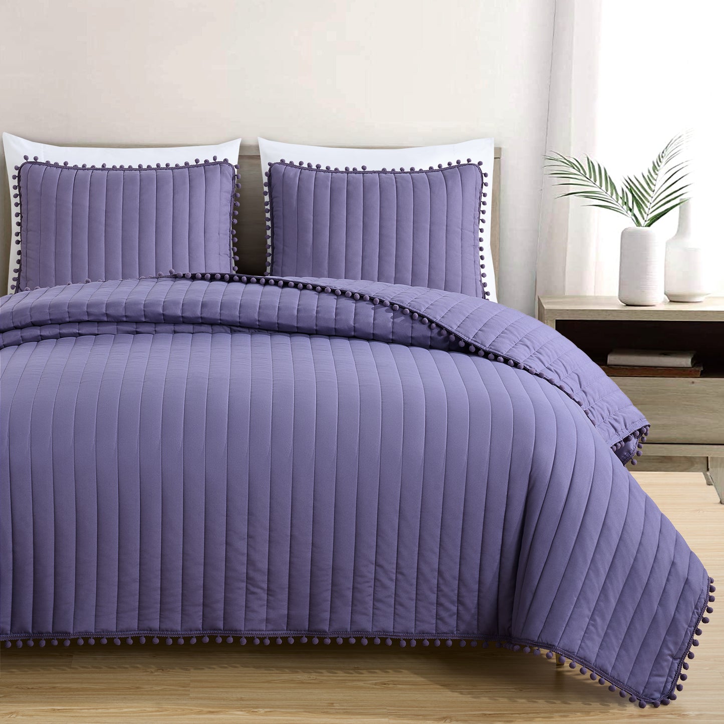 Iris 3-Piece Pom Pom Ball Fringe Quilted Coverlet Set