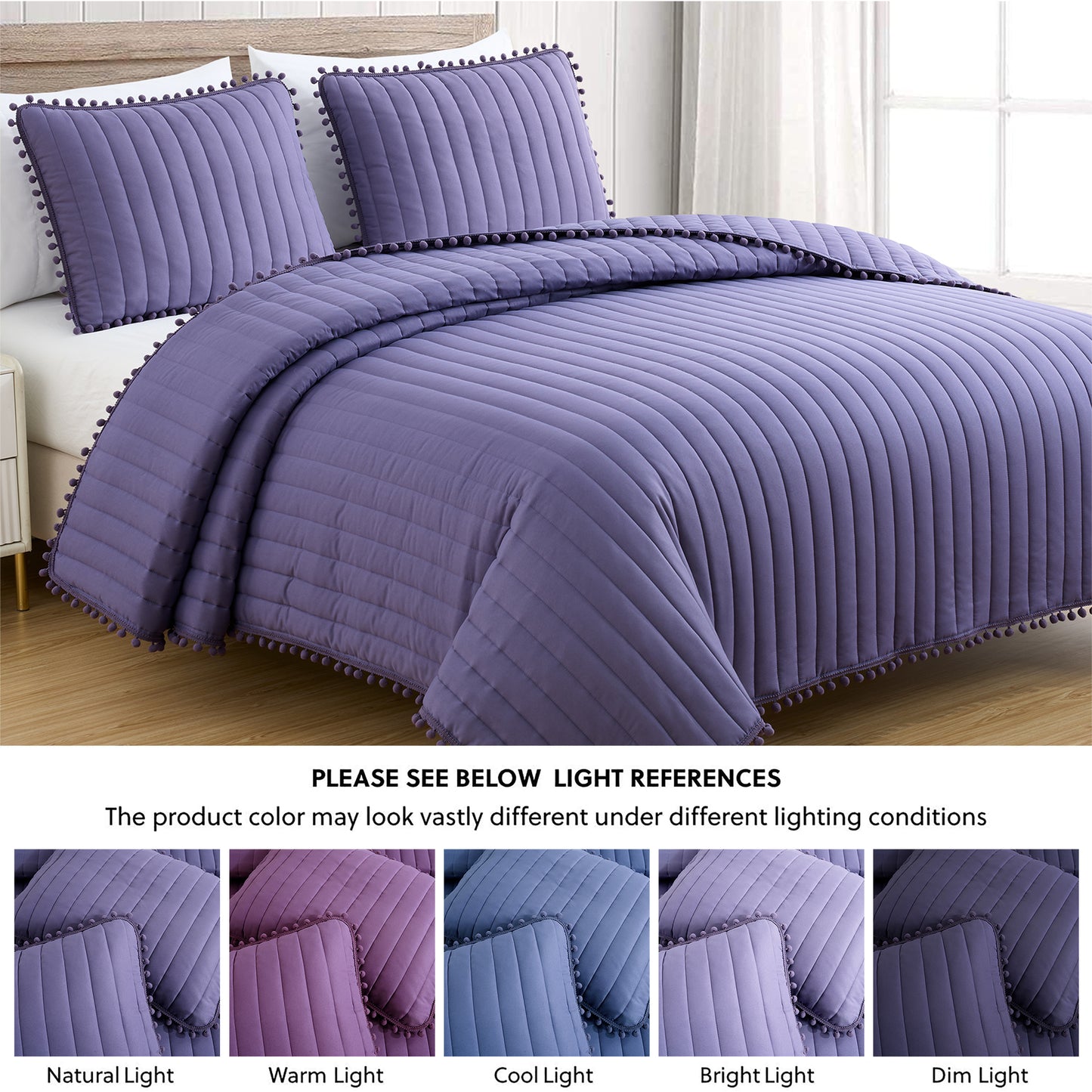 Iris 3-Piece Pom Pom Ball Fringe Quilted Coverlet Set