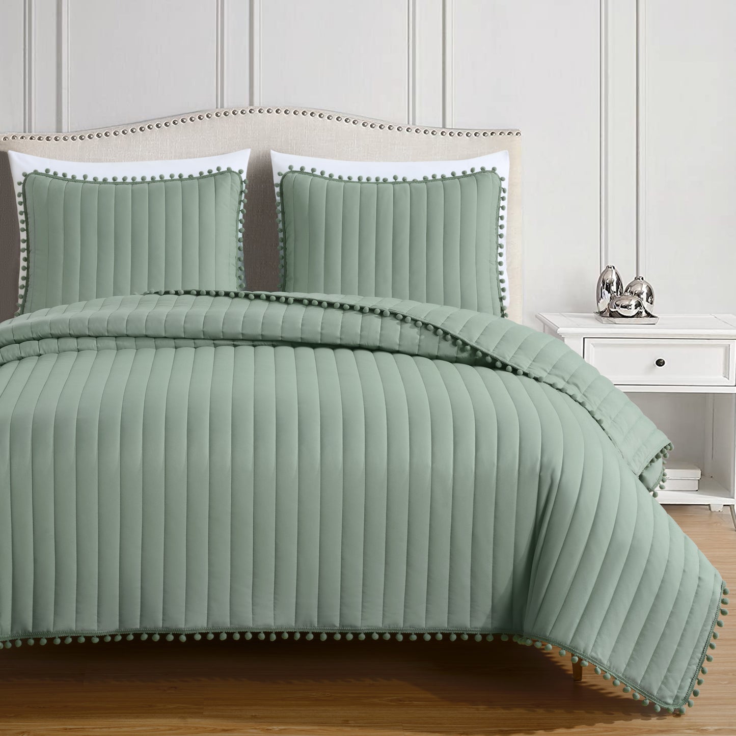 Iris 3-Piece Pom Pom Ball Fringe Quilted Coverlet Set
