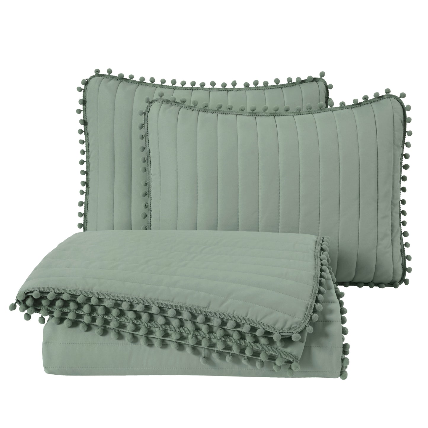Iris 3-Piece Pom Pom Ball Fringe Quilted Coverlet Set