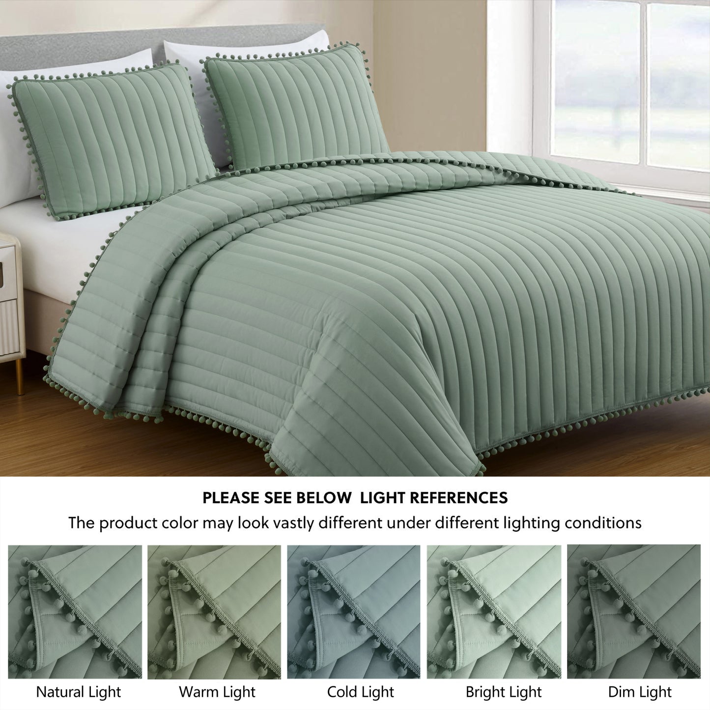 Iris 3-Piece Pom Pom Ball Fringe Quilted Coverlet Set