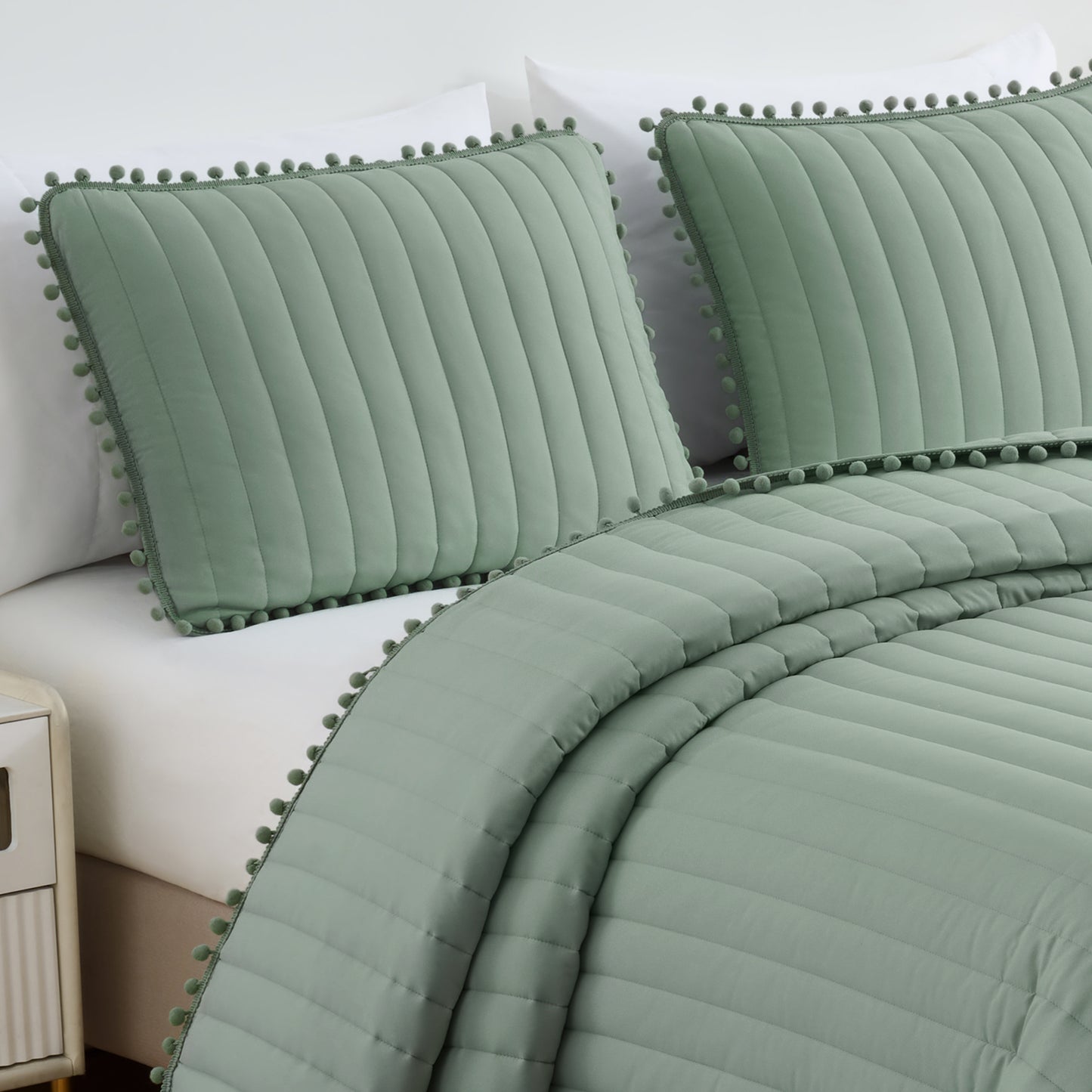 Iris 3-Piece Pom Pom Ball Fringe Quilted Coverlet Set