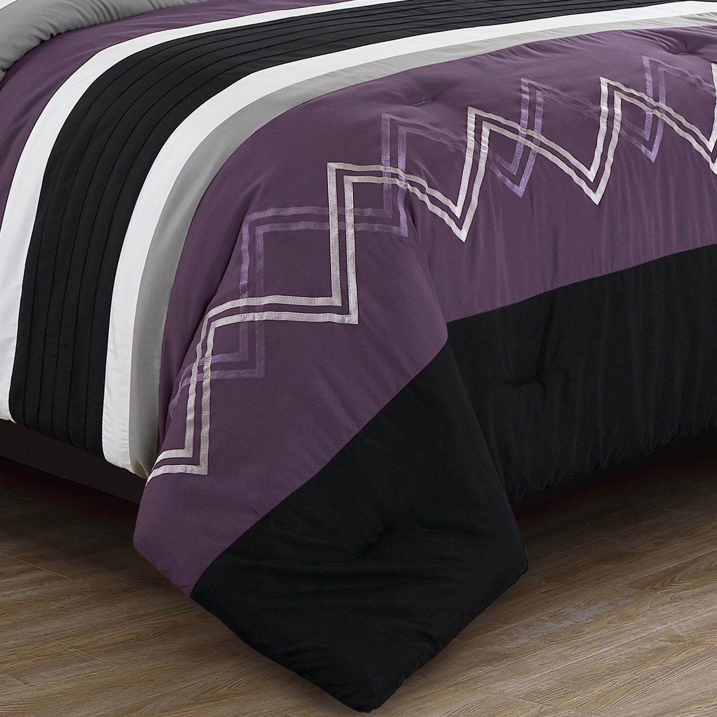 Jaxson 7-Piece Striped Zigzag Embroidery Bed in a Bag Comforter Set