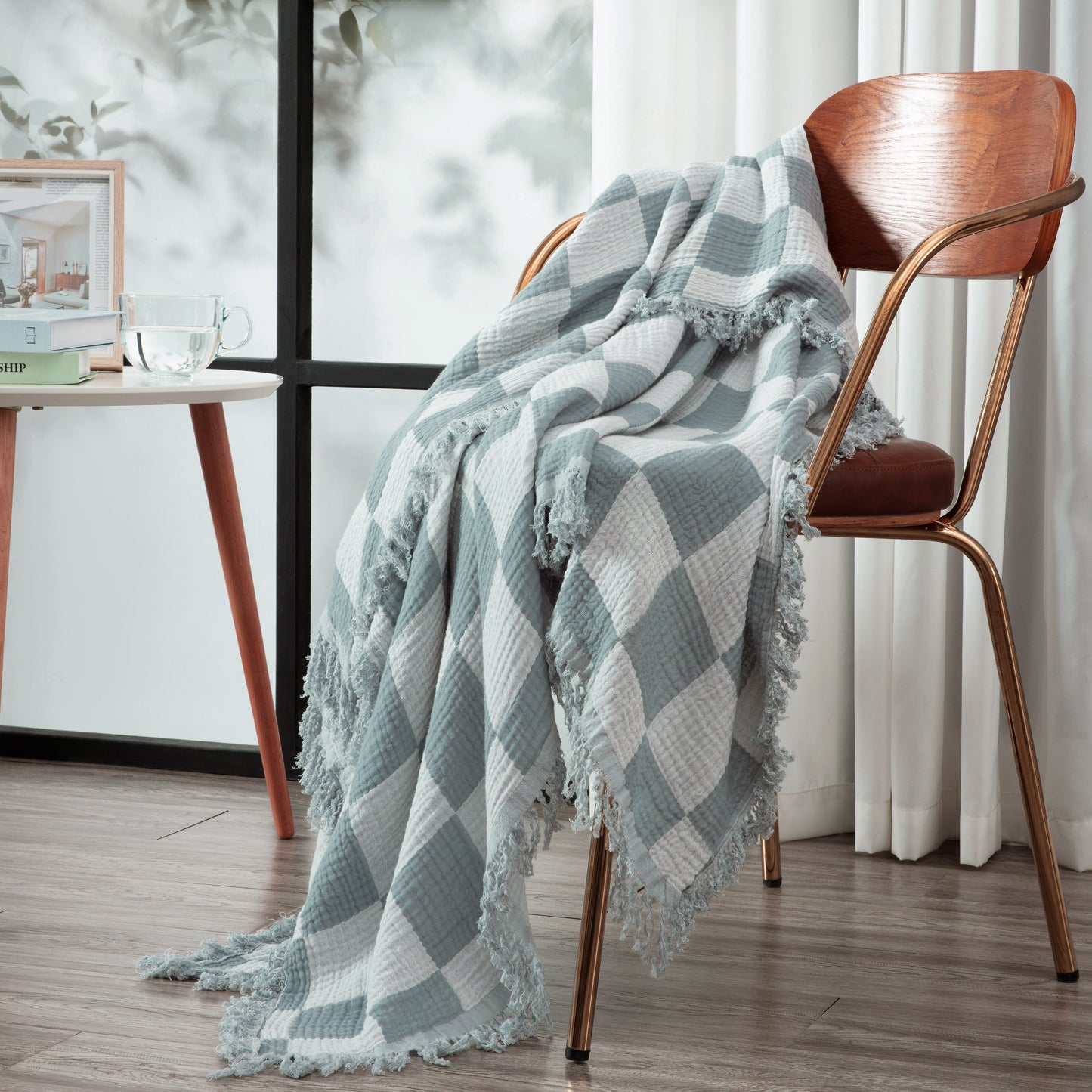 Kendall Checkered Cotton Muslin Throw Knit Woven Gauze Blanket