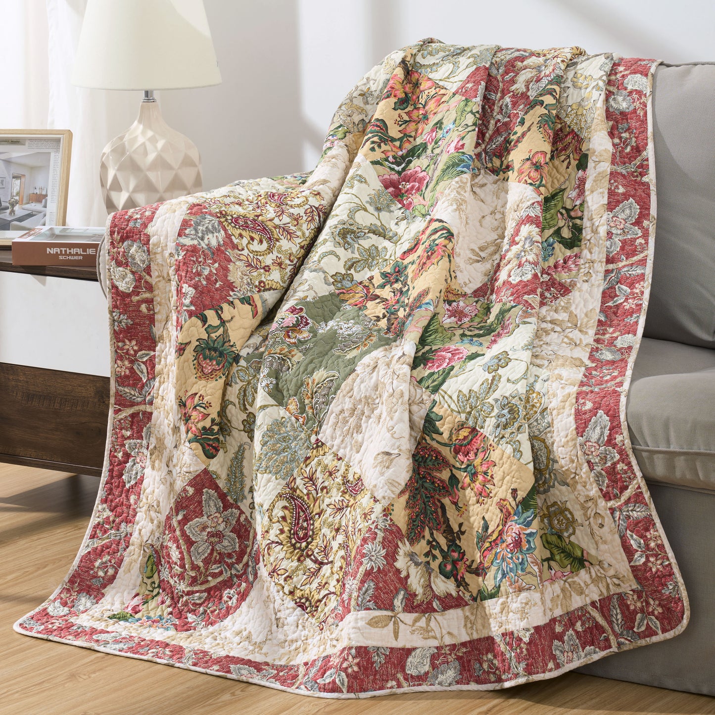 100% Washed Cotton Quilted Patchwork Reversible Throw Blanket