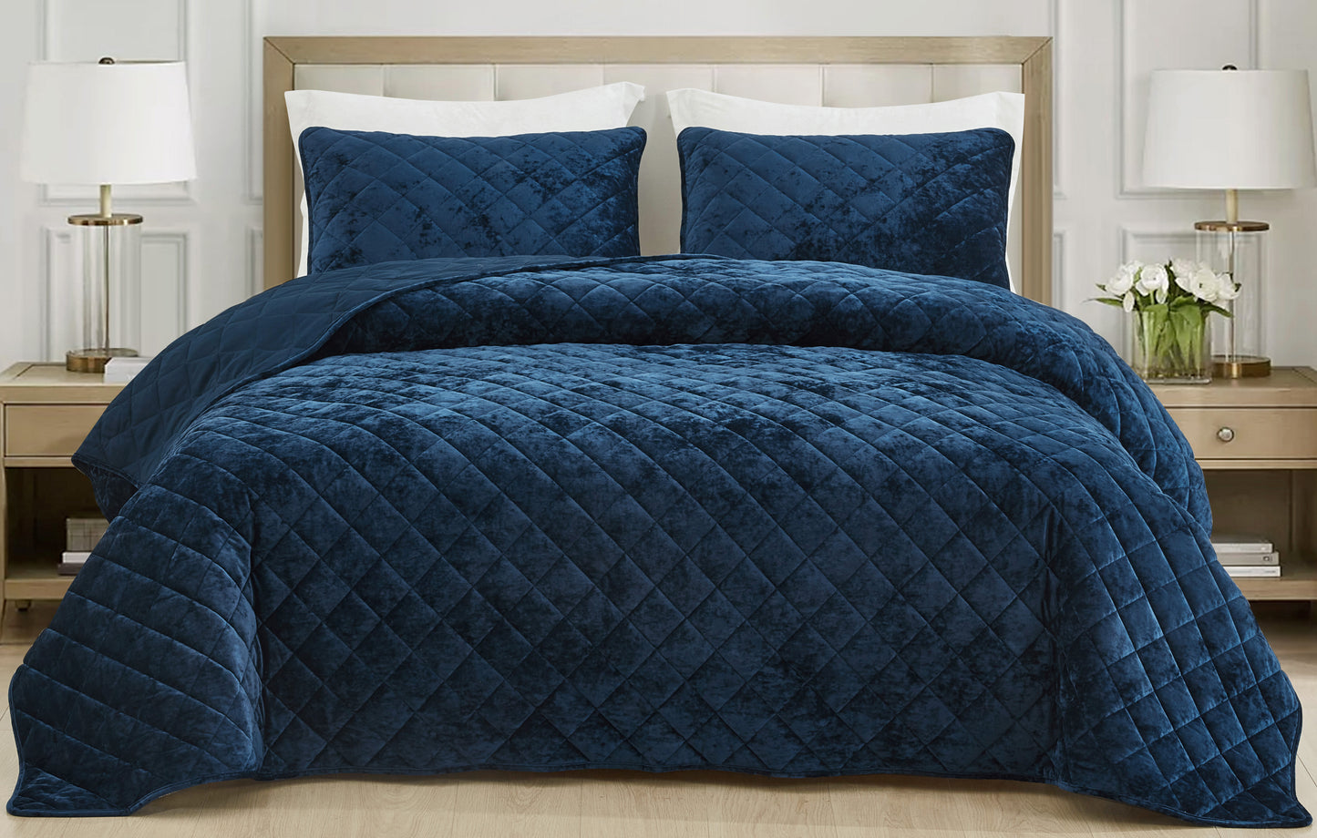 Lux Diamond Stitched Distressed Velvet Quilt Set