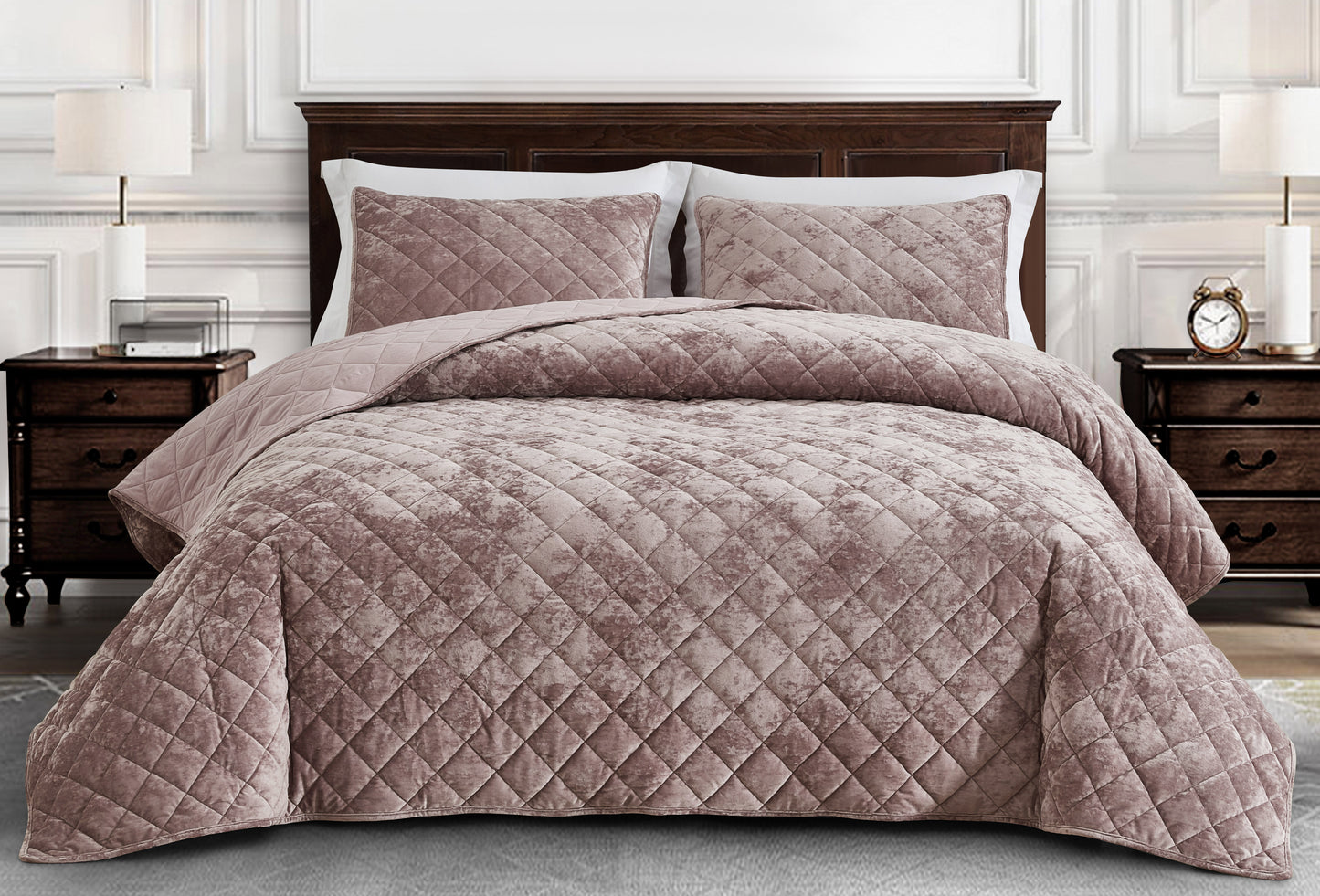 Lux Diamond Stitched Distressed Velvet Quilt Set