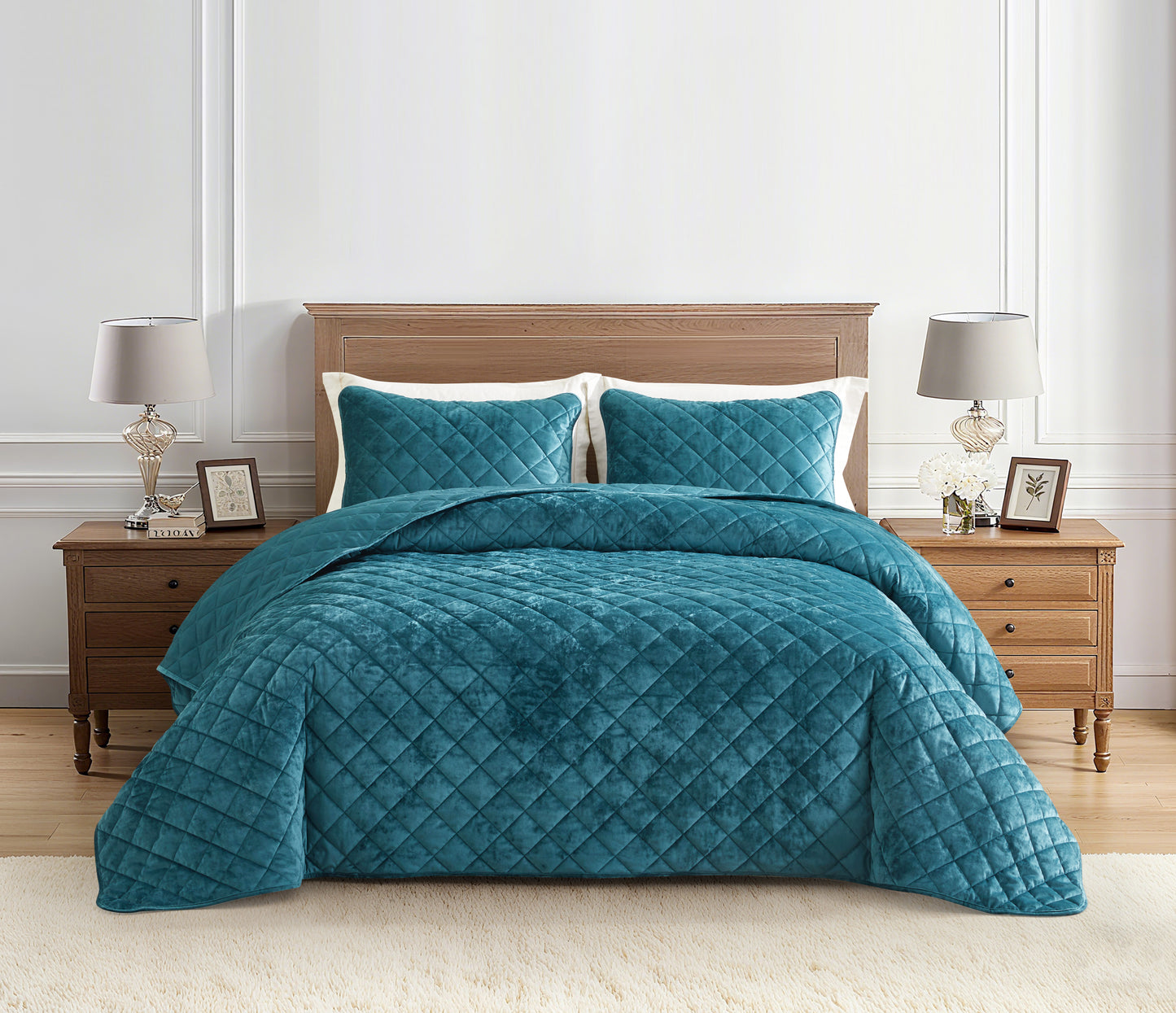 Lux Diamond Stitched Distressed Velvet Quilt Set
