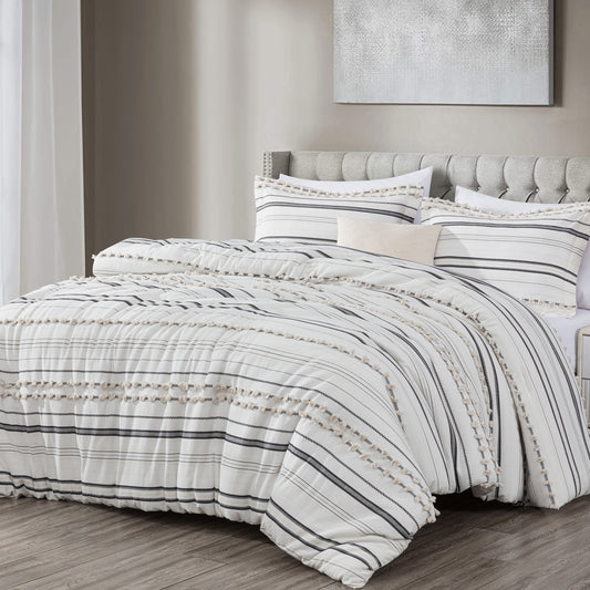 Maru Cotton Clip Jacquard Tufted Pompom Striped Comforter Set with Linen Blended Pillow Cushion