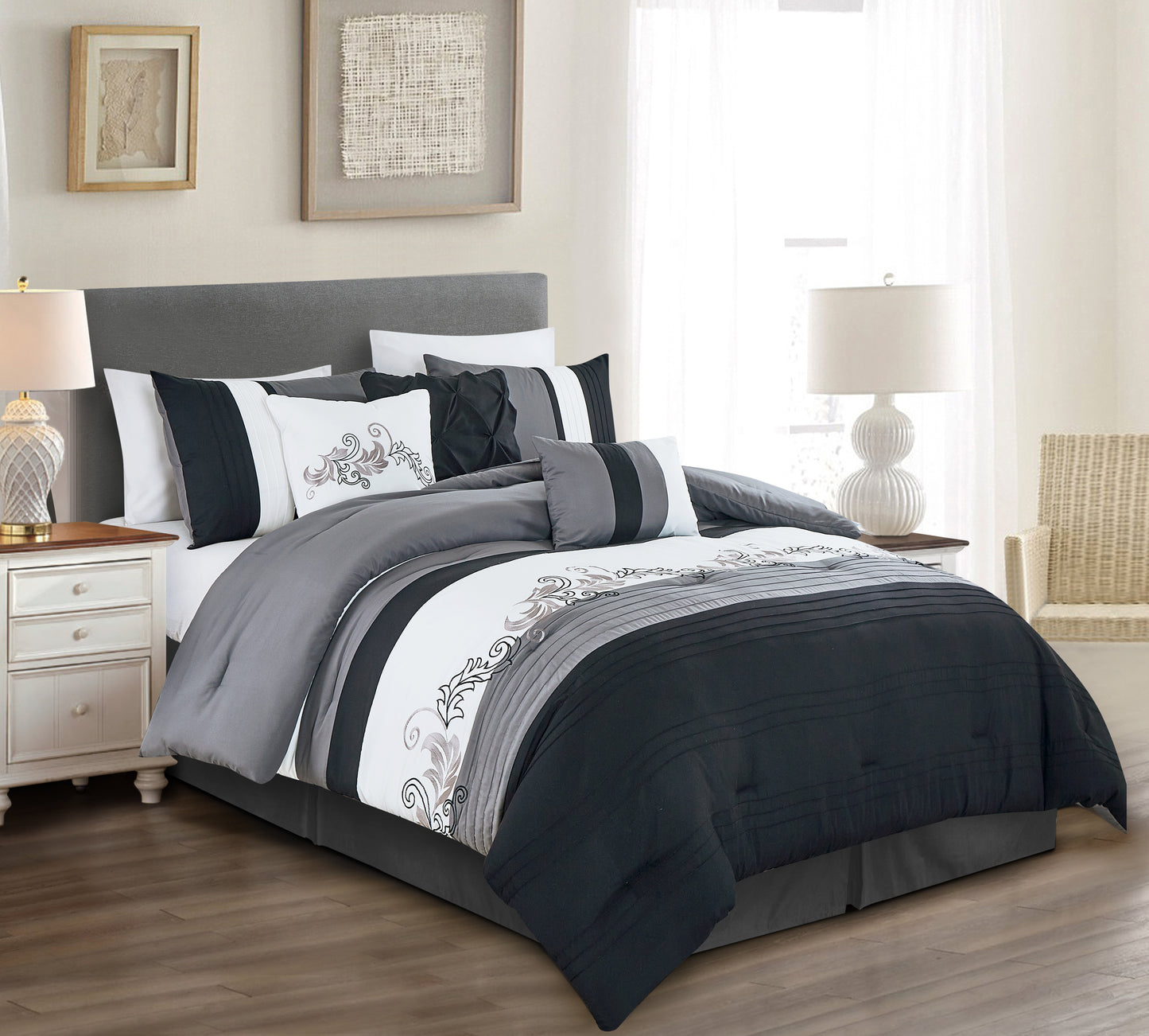 Napa 7-piece Luxury Leaves Scroll Embroidery Bedding Comforter Set