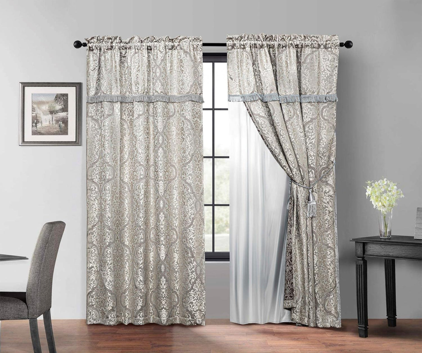 4-Piece Jacquard Window Curtain/Drape Set, Attached Sheer Backing and Valance