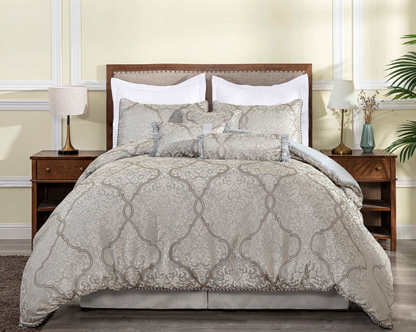 Noelle 7-Piece Silver Gray Brown Floral Medallion Jacquard Comforter Set