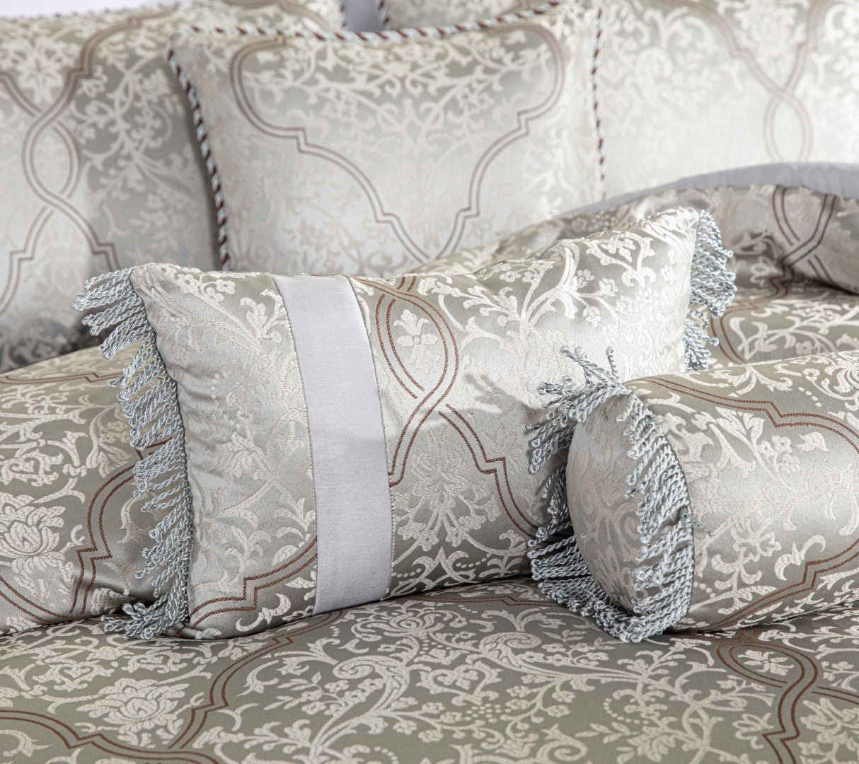 Noelle 7-Piece Silver Gray Brown Floral Medallion Jacquard Comforter Set