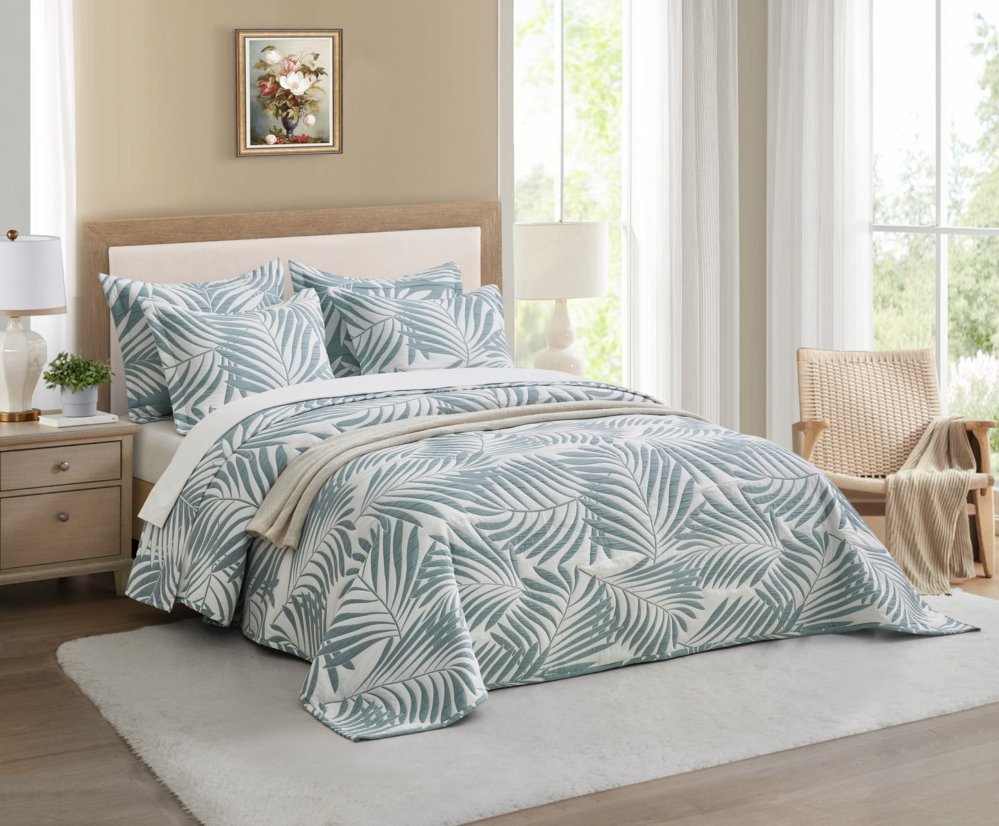 5-Piece Oversized Jacquard Matelasse Damask Pattern Lightweight Reversible Coverlet Set