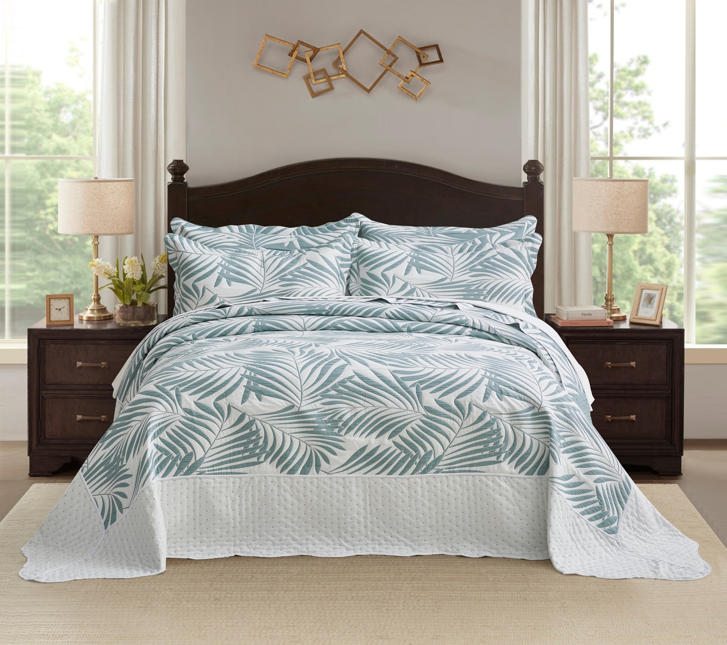5-Piece Oversized Jacquard Matelasse Damask Pattern Lightweight Reversible Coverlet Set Textured Dot Border