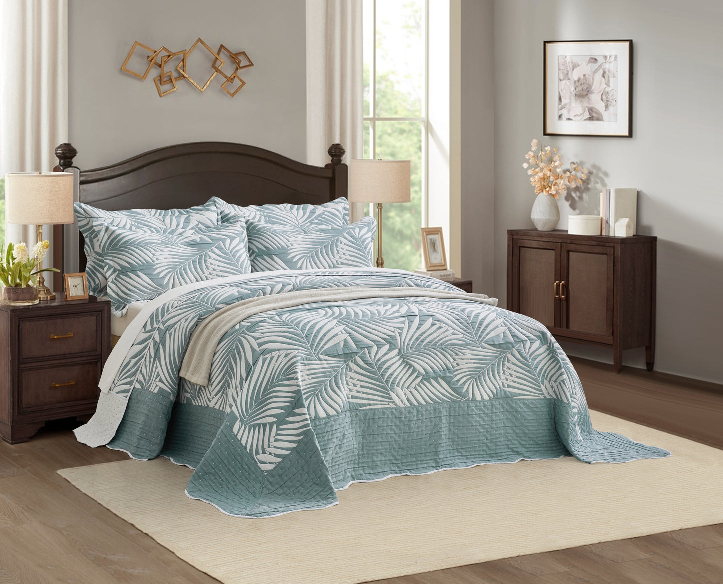 5-Piece Oversized Jacquard Matelasse Damask Pattern Lightweight Reversible Coverlet Set Textured Dot Border