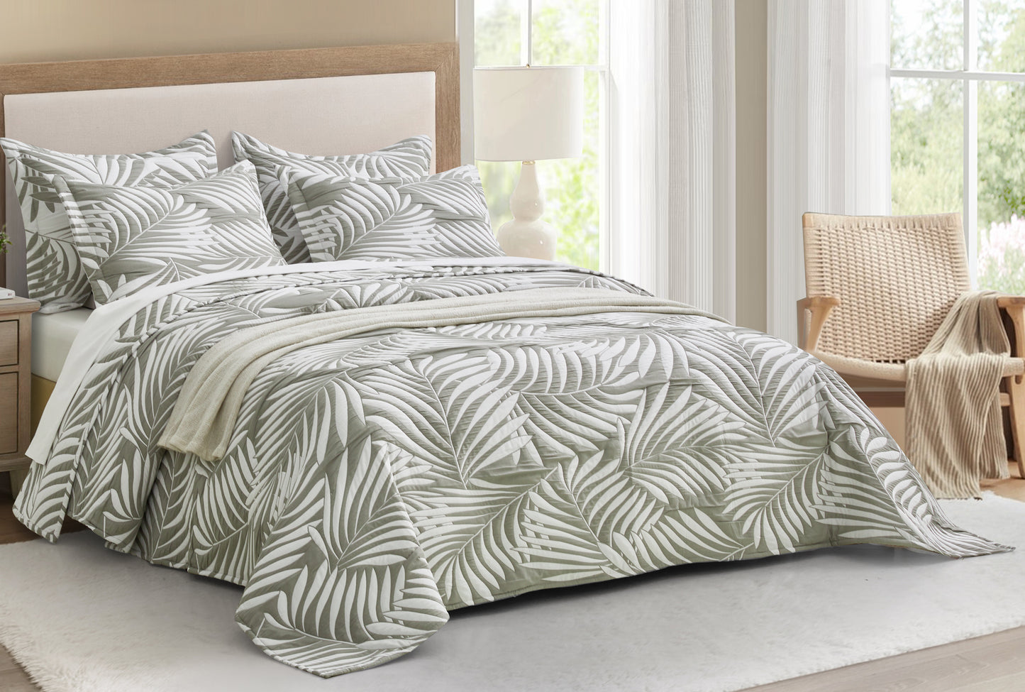 5-Piece Oversized Jacquard Matelasse Damask Pattern Lightweight Reversible Coverlet Set