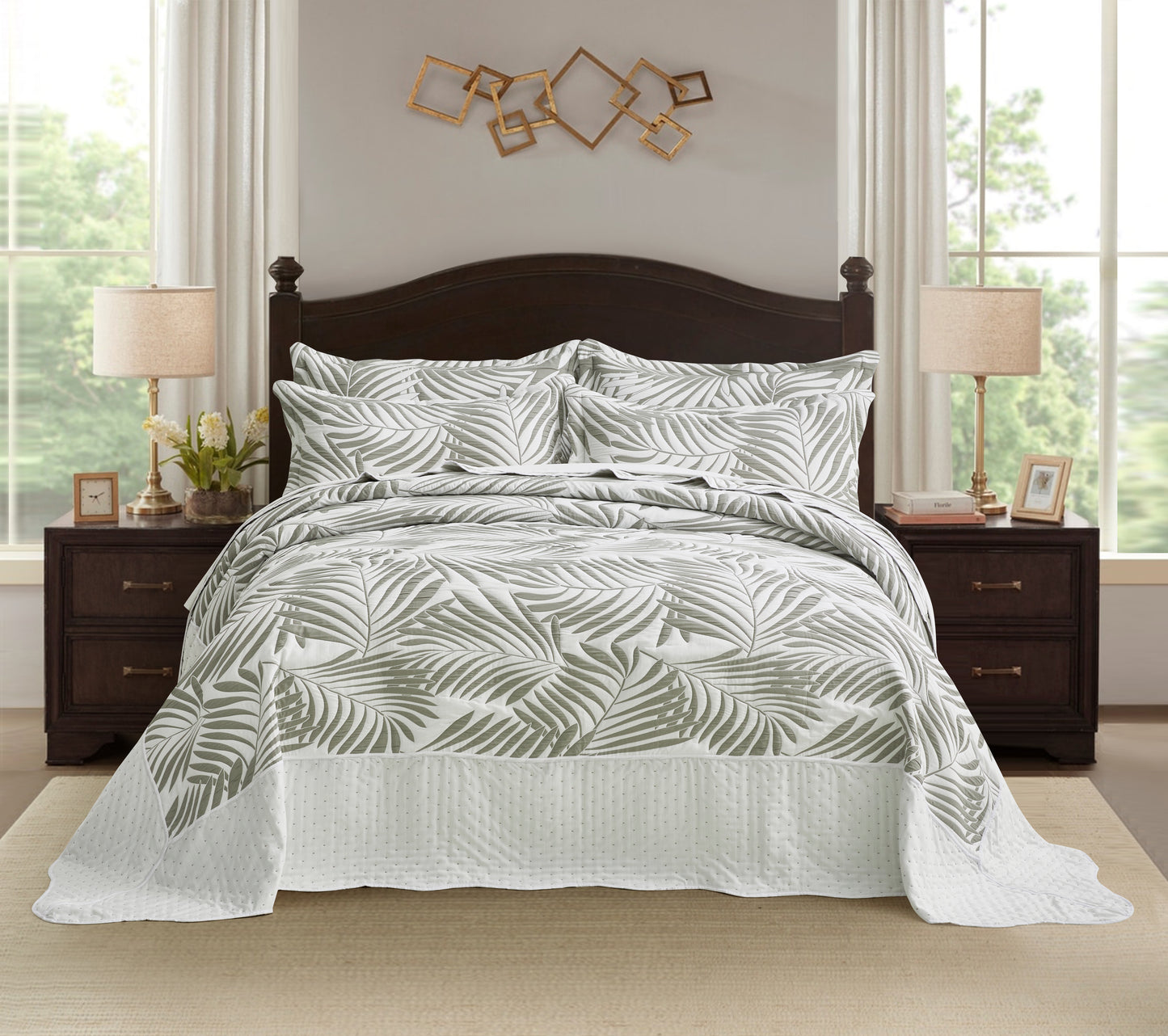 5-Piece Oversized Jacquard Matelasse Damask Pattern Lightweight Reversible Coverlet Set Textured Dot Border