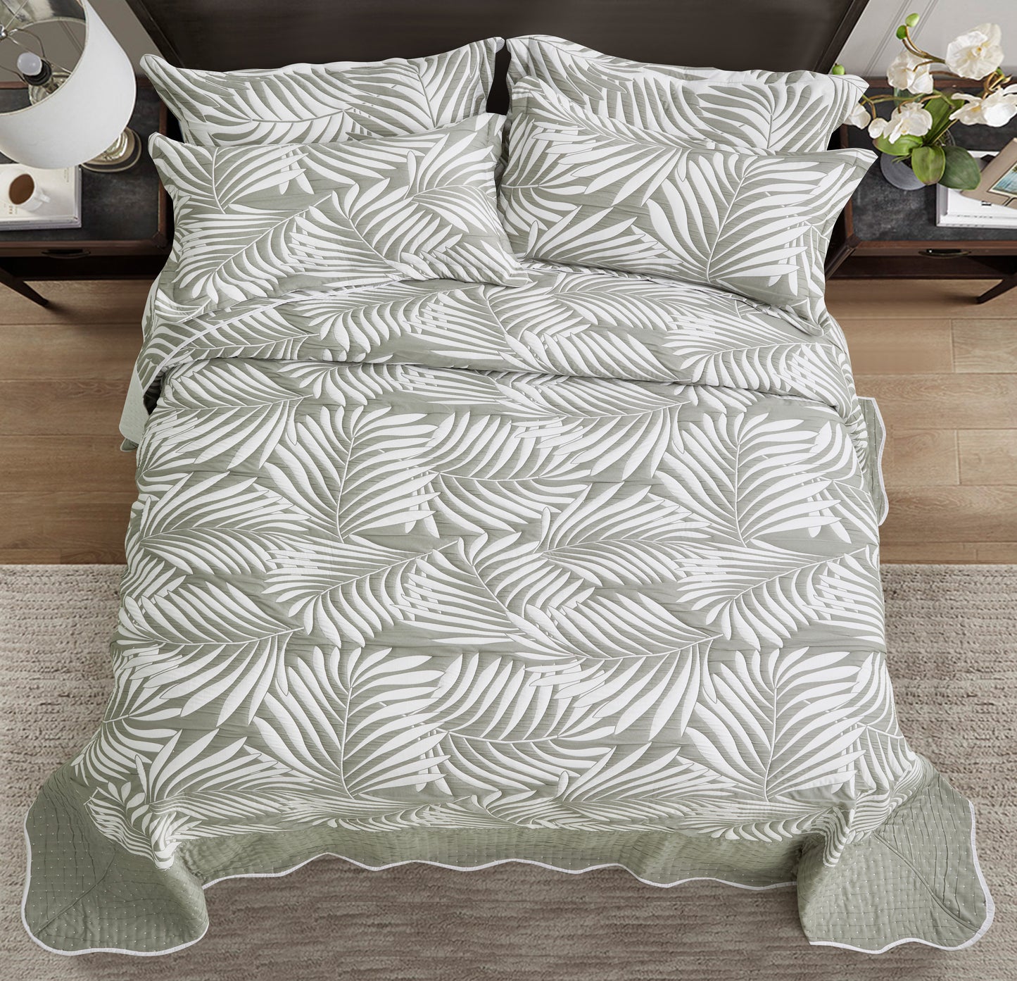 5-Piece Oversized Jacquard Matelasse Damask Pattern Lightweight Reversible Coverlet Set Textured Dot Border