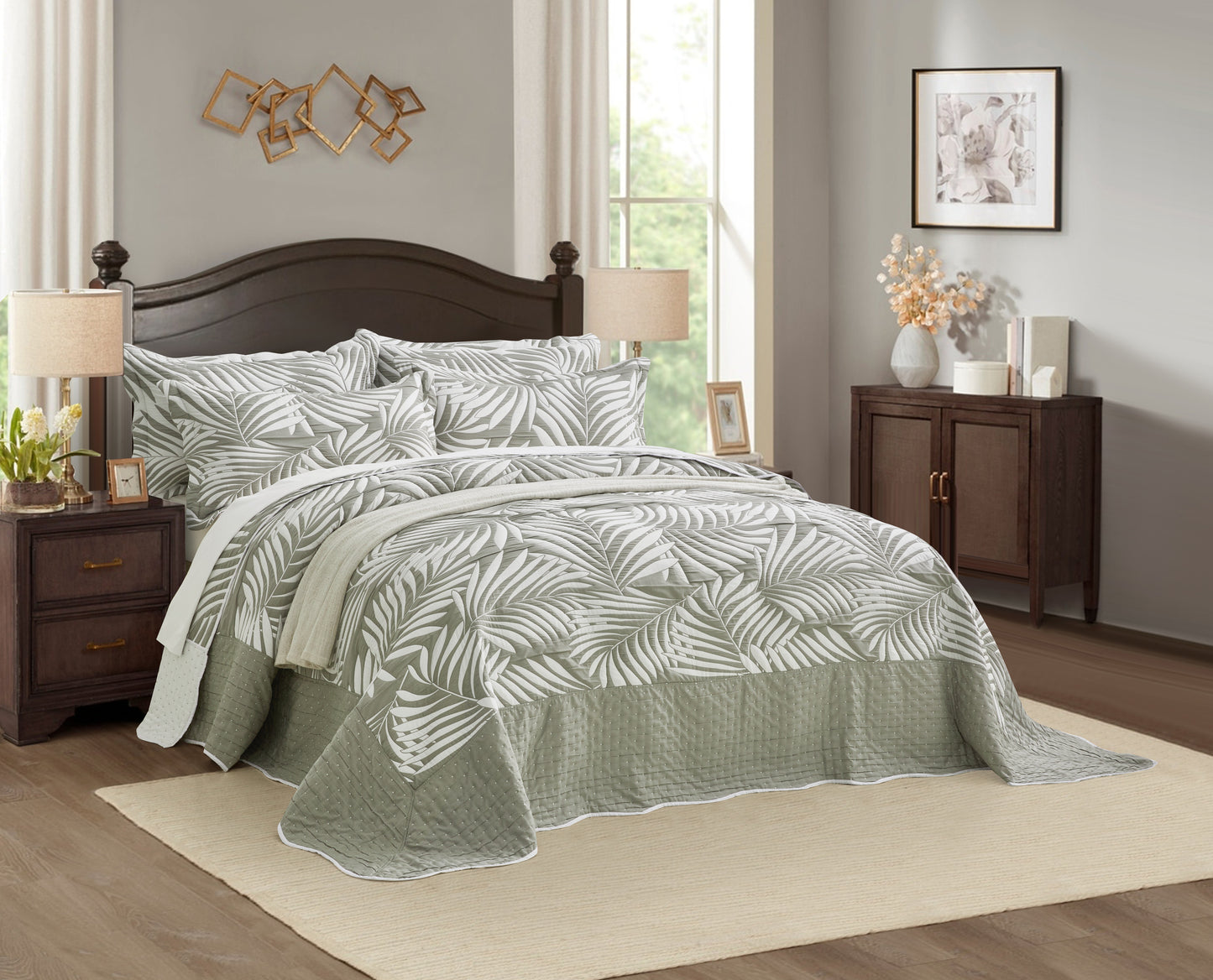 5-Piece Oversized Jacquard Matelasse Damask Pattern Lightweight Reversible Coverlet Set Textured Dot Border