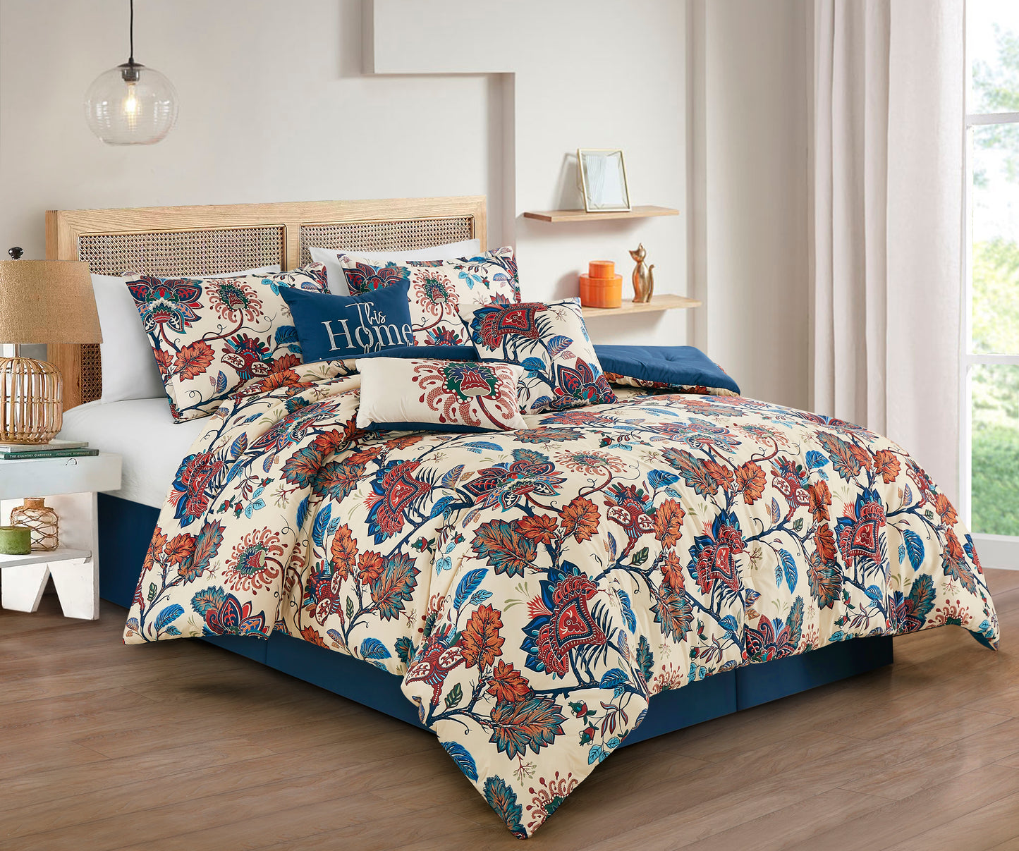 Paradise 7-Piece Multicolor Red Blue Cream Floral Printed Microfiber Comforter Set