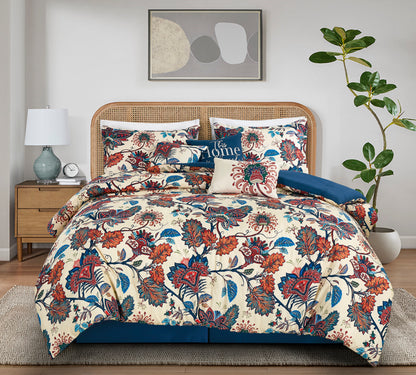 Paradise 7-Piece Multicolor Red Blue Cream Floral Printed Microfiber Comforter Set