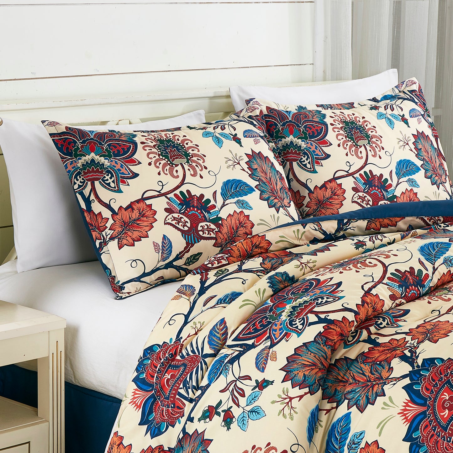 Paradise 7-Piece Multicolor Red Blue Cream Floral Printed Microfiber Comforter Set