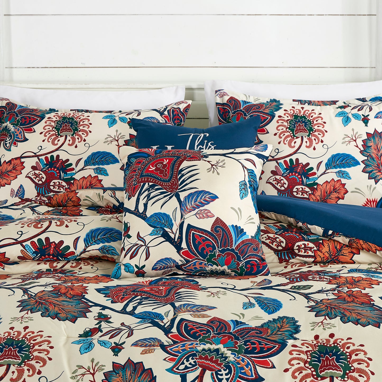 Paradise 7-Piece Multicolor Red Blue Cream Floral Printed Microfiber Comforter Set