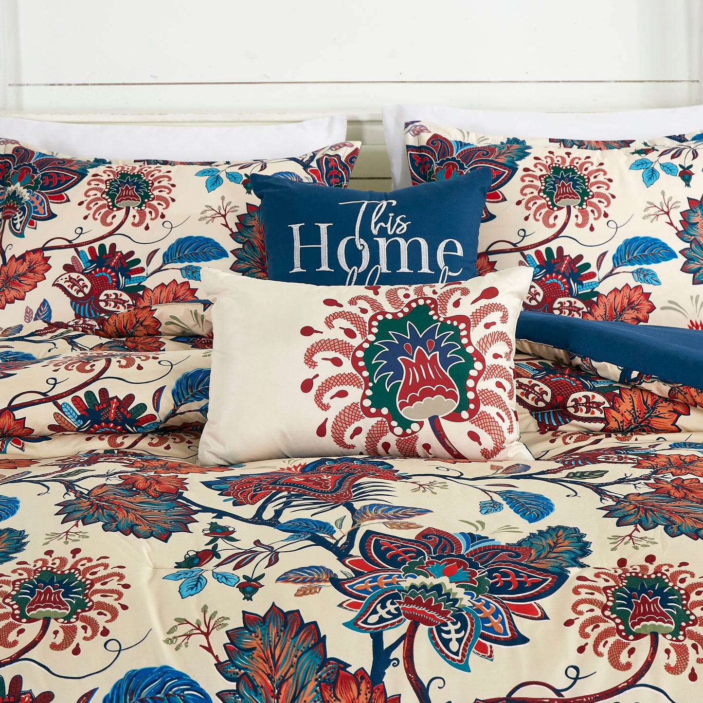 Paradise 7-Piece Multicolor Red Blue Cream Floral Printed Microfiber Comforter Set