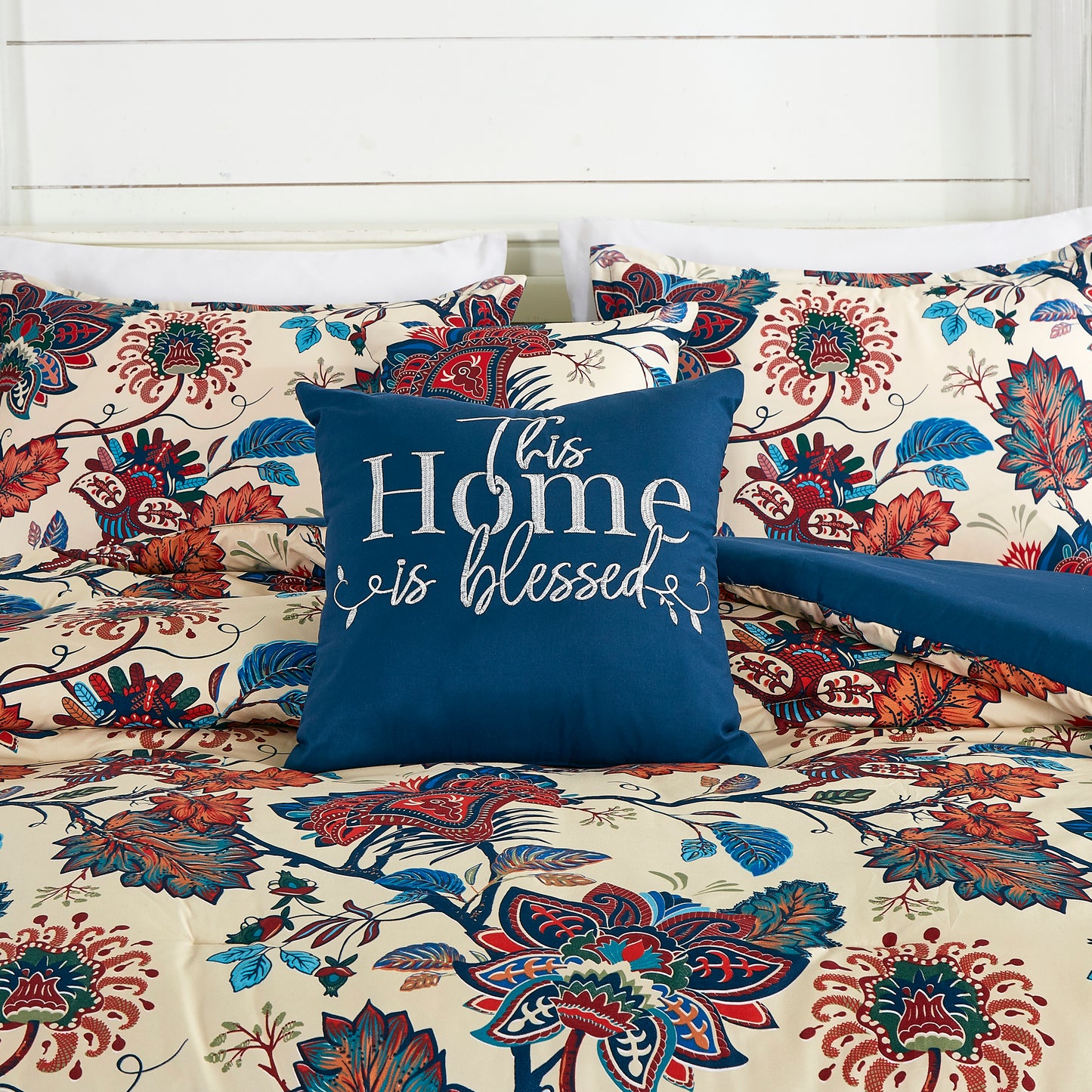 Paradise 7-Piece Multicolor Red Blue Cream Floral Printed Microfiber Comforter Set