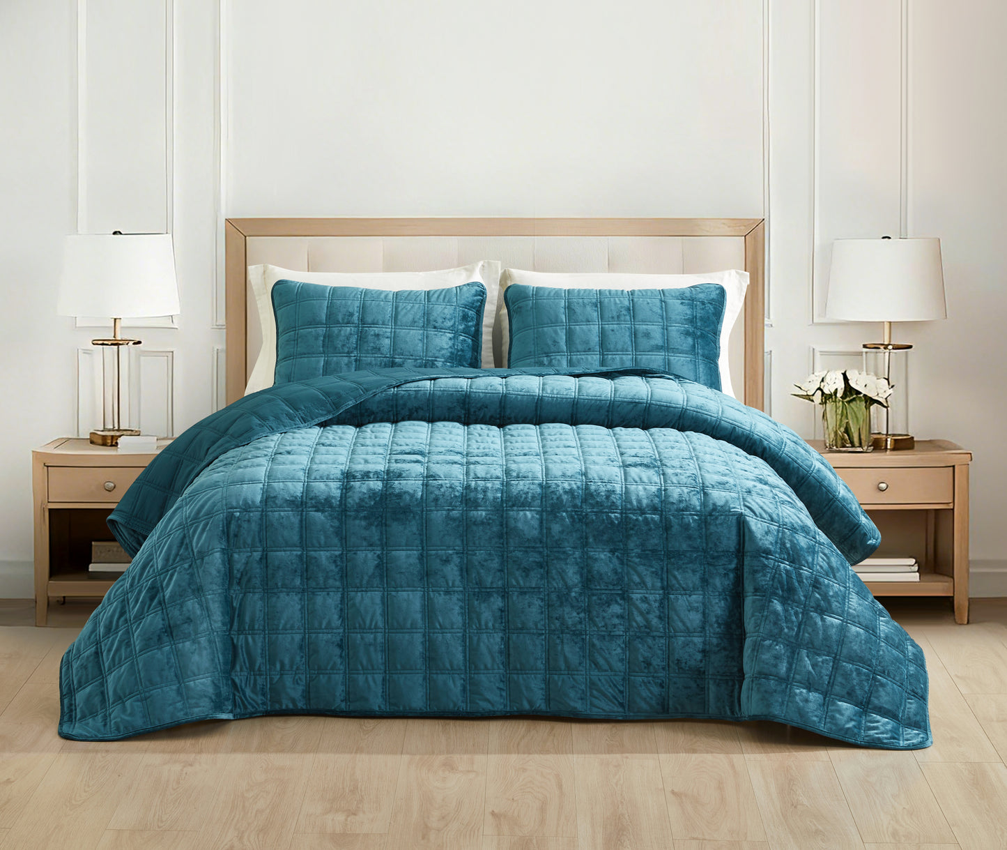 Piers Double Square Stitched Distressed Velvet Quilt Set