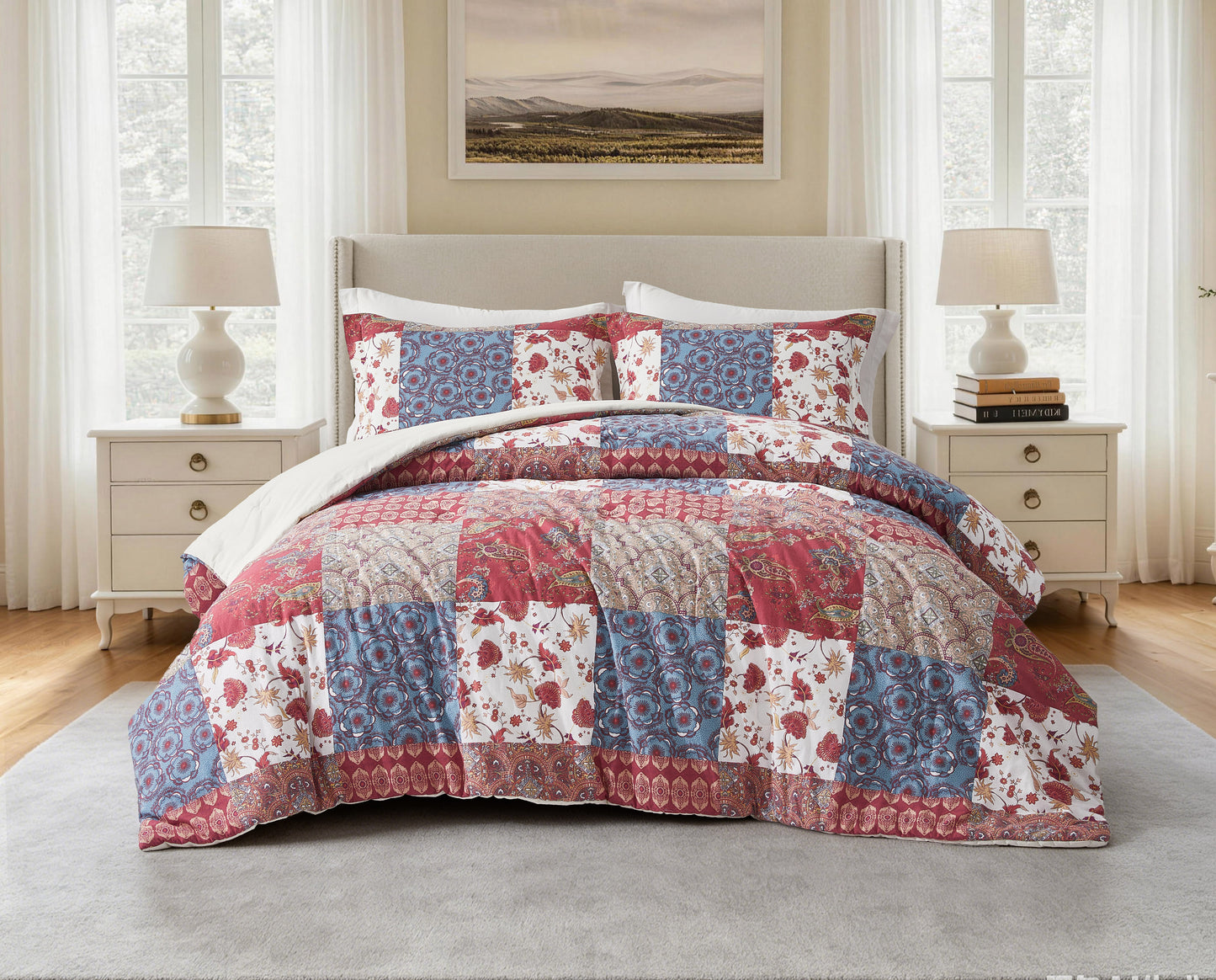 Rowan 2/3-Piece Washed Cotton Comforter Set, Printed Patchwork Vintage Floral Paisley Patterns Lightweight All-Season Bedding Set