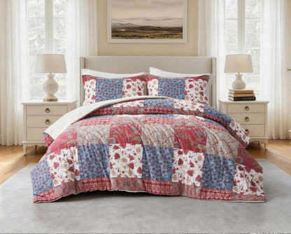 Rowan 2/3-Piece Washed Cotton Comforter Set, Printed Patchwork Vintage Floral Paisley Patterns Lightweight All-Season Bedding Set