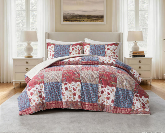 Rowan 2/3-Piece Washed Cotton Comforter Set, Printed Patchwork Vintage Floral Paisley Patterns Lightweight All-Season Bedding Set