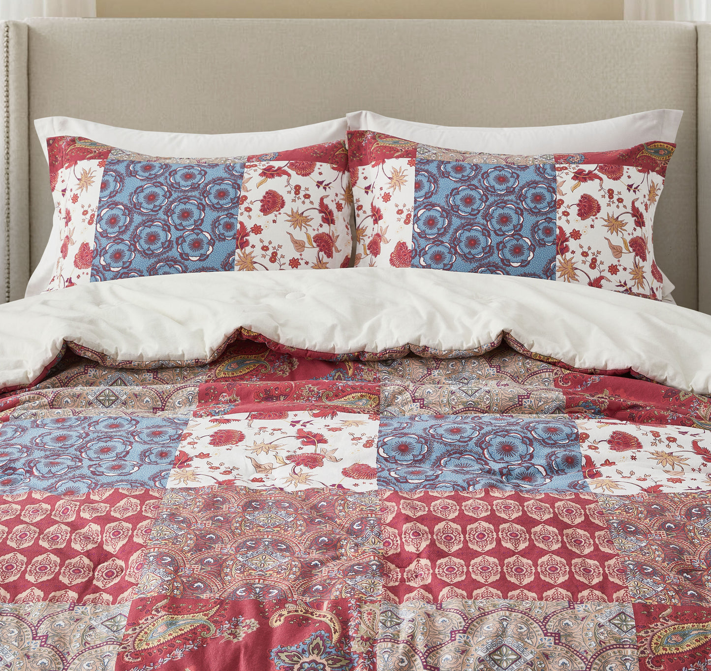 Rowan 2/3-Piece Washed Cotton Comforter Set, Printed Patchwork Vintage Floral Paisley Patterns Lightweight All-Season Bedding Set