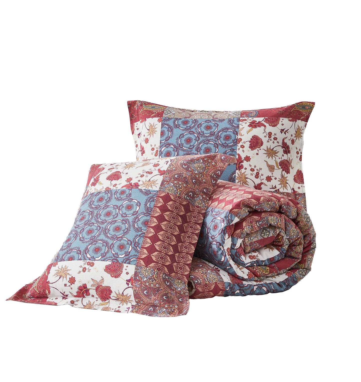 Rowan 2/3-Piece Washed Cotton Comforter Set, Printed Patchwork Vintage Floral Paisley Patterns Lightweight All-Season Bedding Set