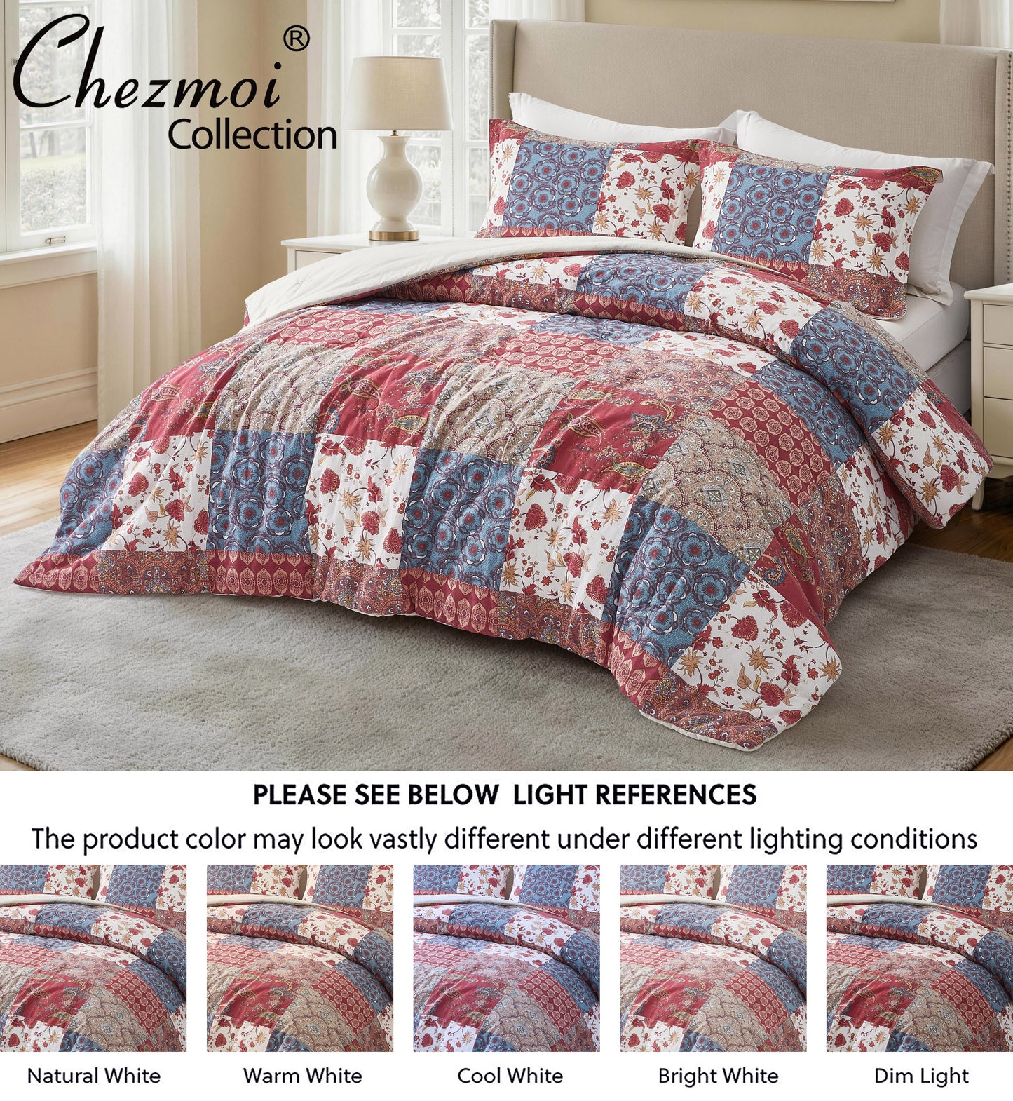 Rowan 2/3-Piece Washed Cotton Comforter Set, Printed Patchwork Vintage Floral Paisley Patterns Lightweight All-Season Bedding Set