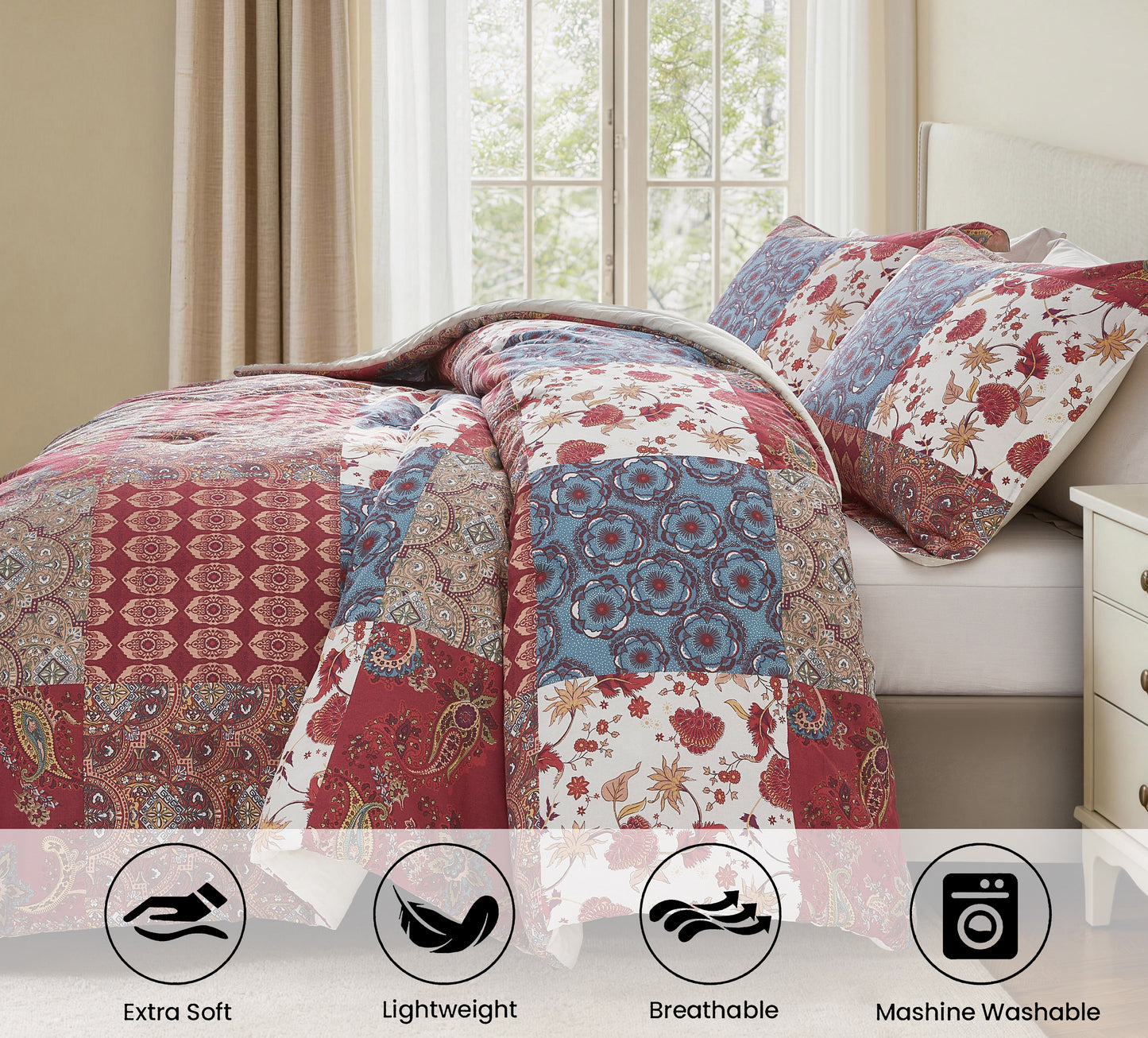 Rowan 2/3-Piece Washed Cotton Comforter Set, Printed Patchwork Vintage Floral Paisley Patterns Lightweight All-Season Bedding Set