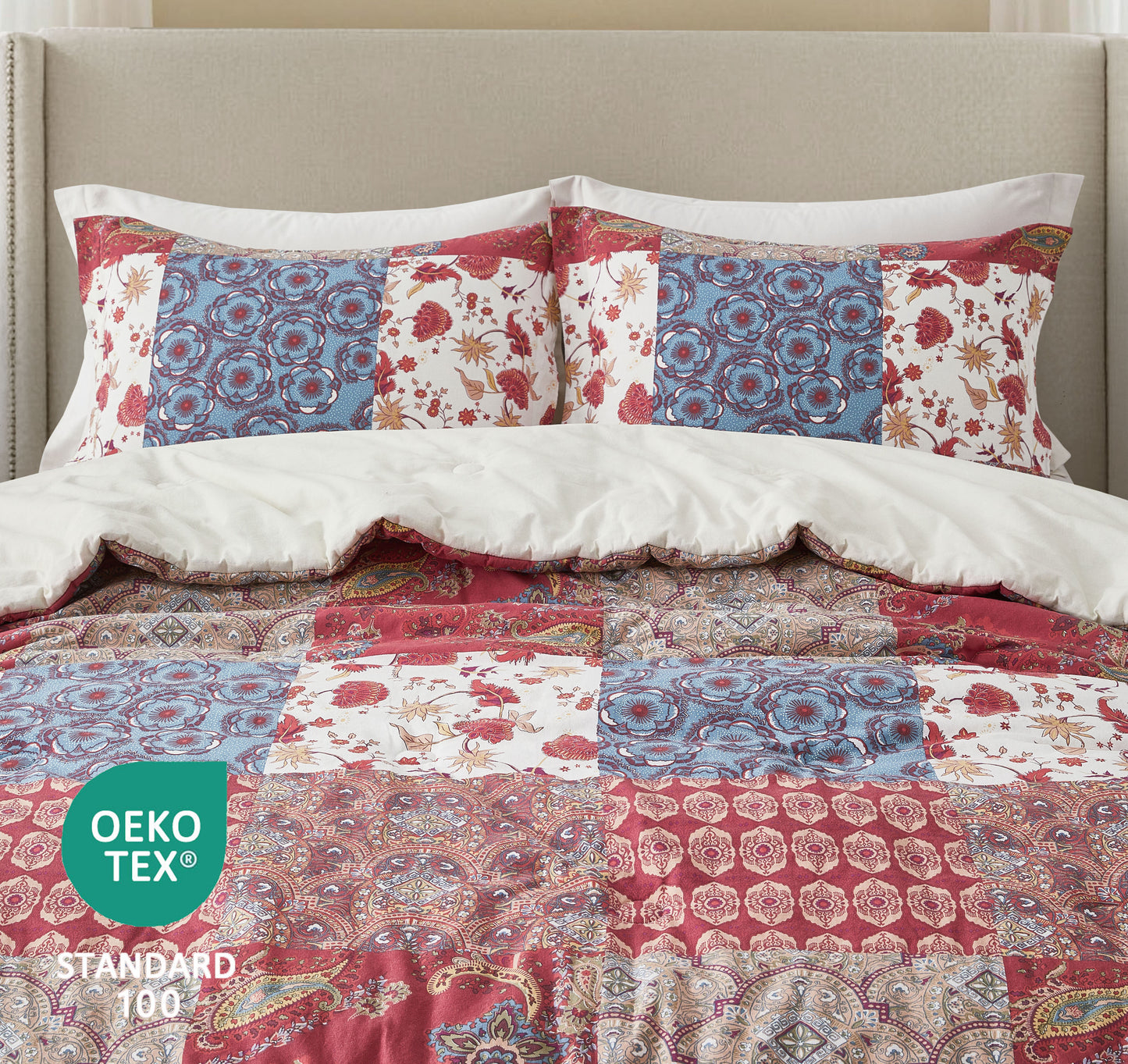 Rowan 2/3-Piece Washed Cotton Comforter Set, Printed Patchwork Vintage Floral Paisley Patterns Lightweight All-Season Bedding Set